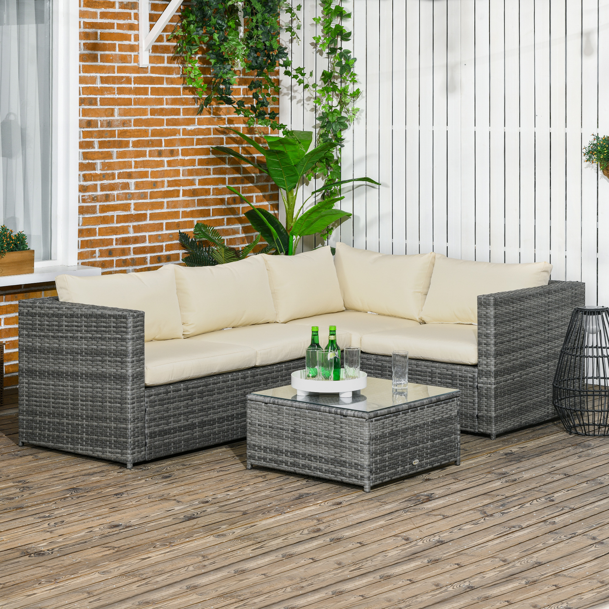 3 Pieces Rattan Wicker Outdoor Conversation Furniture Set w/ Loveseats Coffee Table Cushions for Garden, Patio, Beige - Image 6