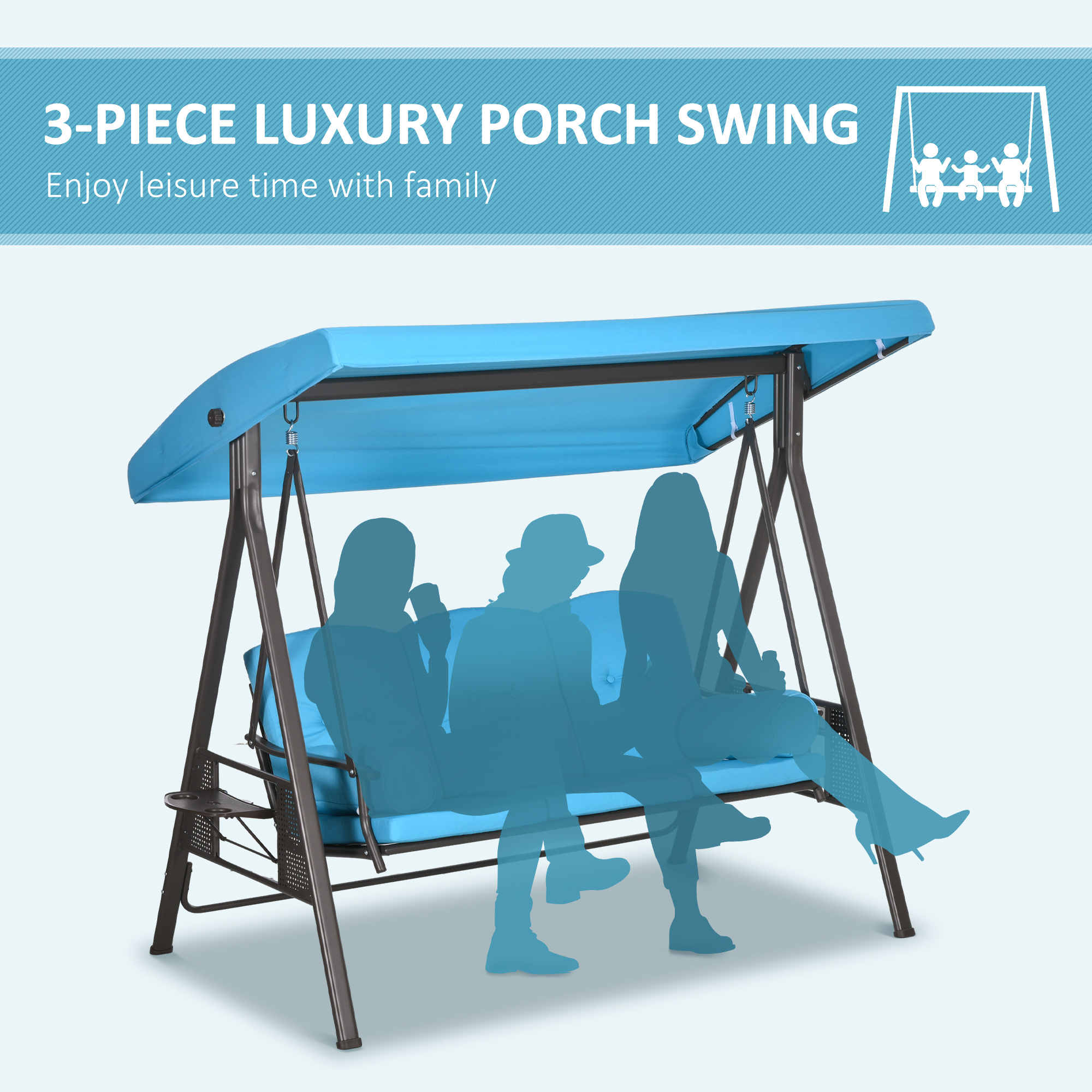 Outdoor Patio 3-Person Steel Canopy Cushioned Seat Bench Swing with Included Side Trays & Padded Comfort, Light Blue - Image 5
