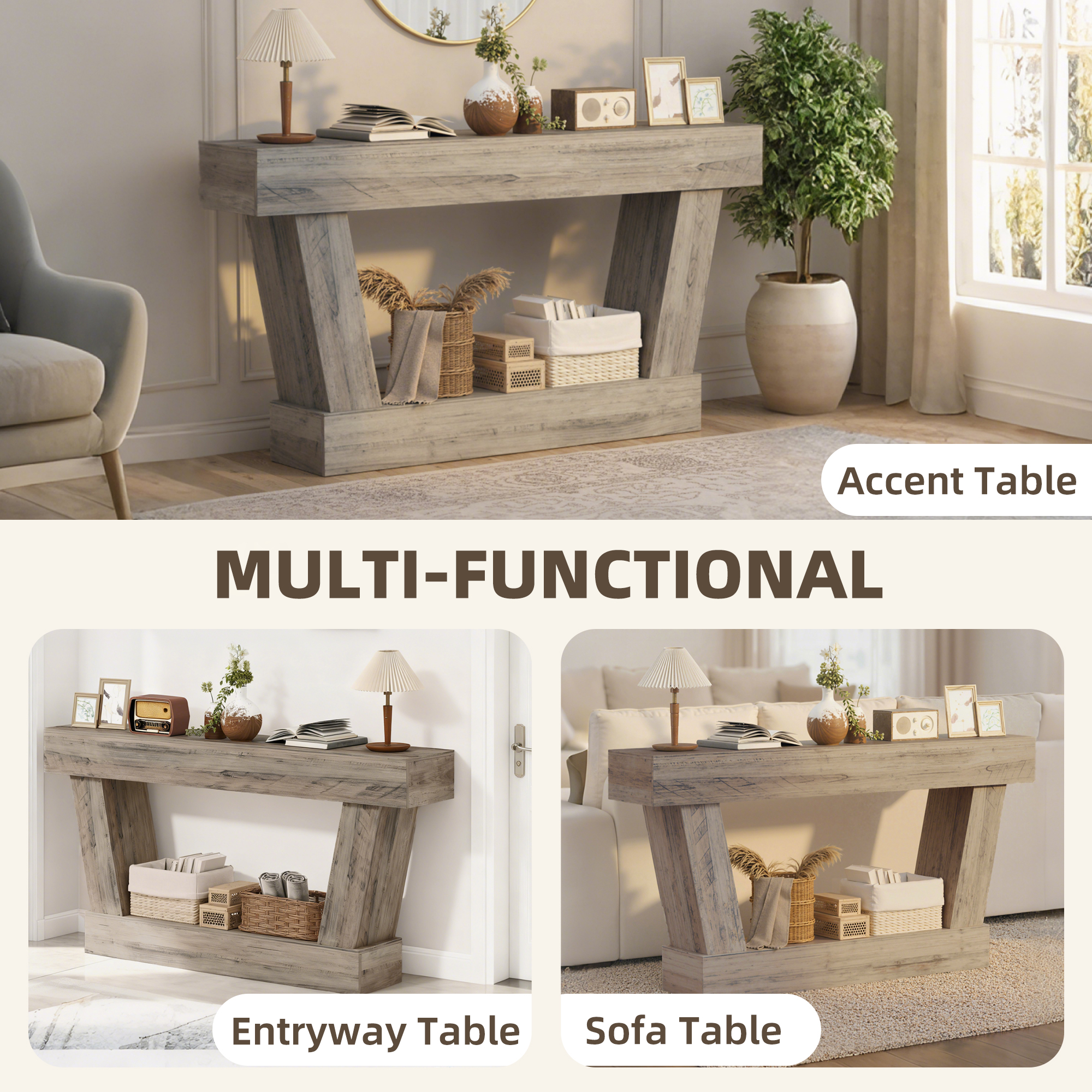 63 Inch Vintage Console Table, Narrow Entryway Table with Open Shelf for Living Room, Light Brown - Image 5