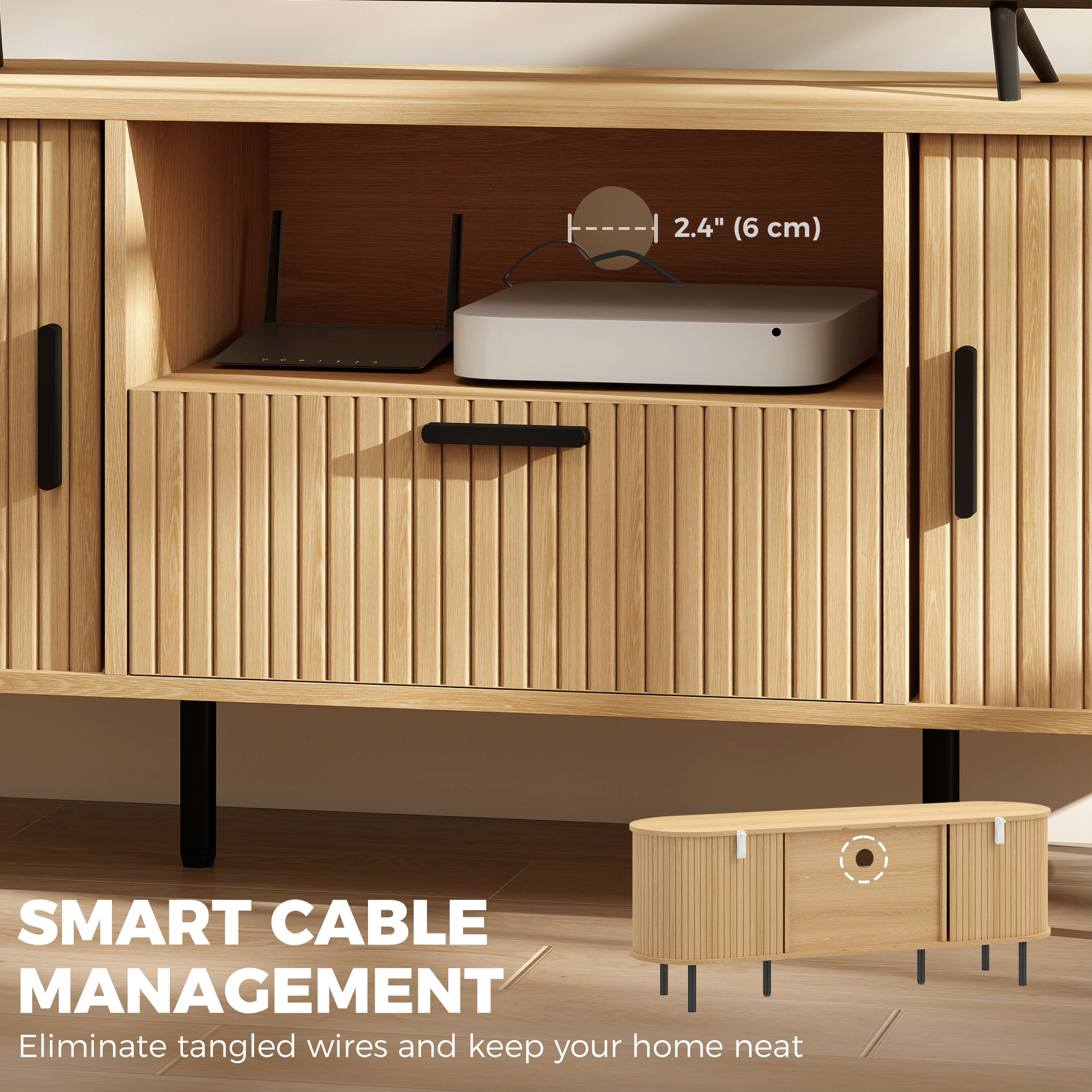 TV Stand for TVs up to 60", Modern Entertainment Center with Curved Sliding Doors and Storage, Natural Wood - Image 4