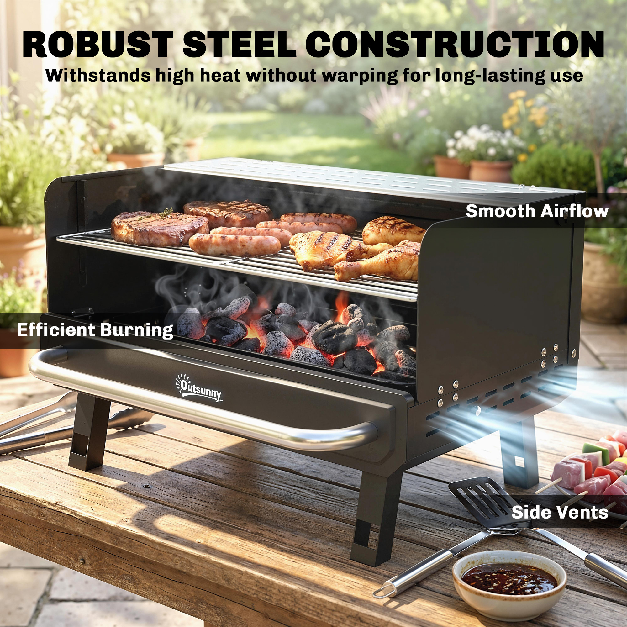Charcoal BBQ Grill, Portable Barbecue Grill with Adjustable Grates, Foldable Legs, Side Shelf for Camping Travel, Black - Image 2