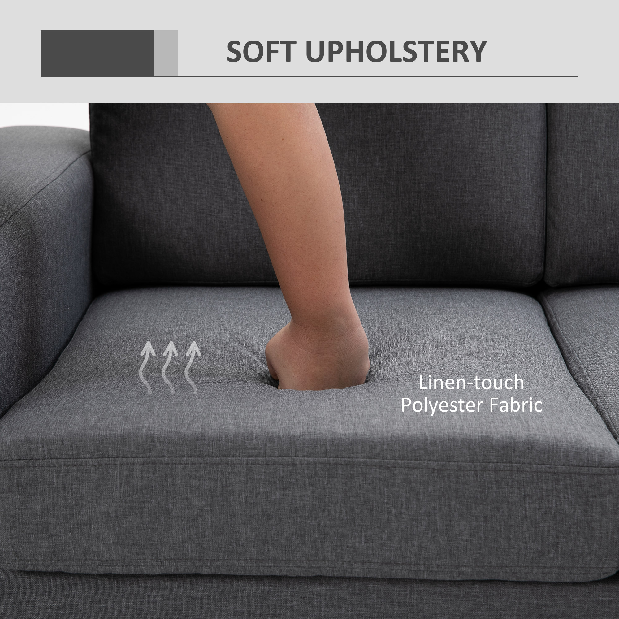 3 Seater Sofa, Linen Upholstered Cozy Padded Couch with Steel Leg, Backrest and Wide Armrest, for Living room, Bedroom, Dark Grey - Image 3