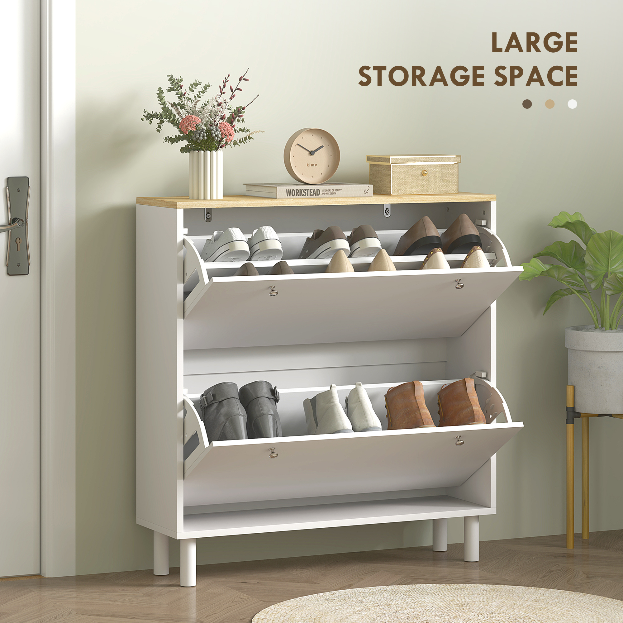 2 Drawers Shoe Storage Cabinet with Adjustable Shelves for 16 Pairs of Shoes, White - Image 2