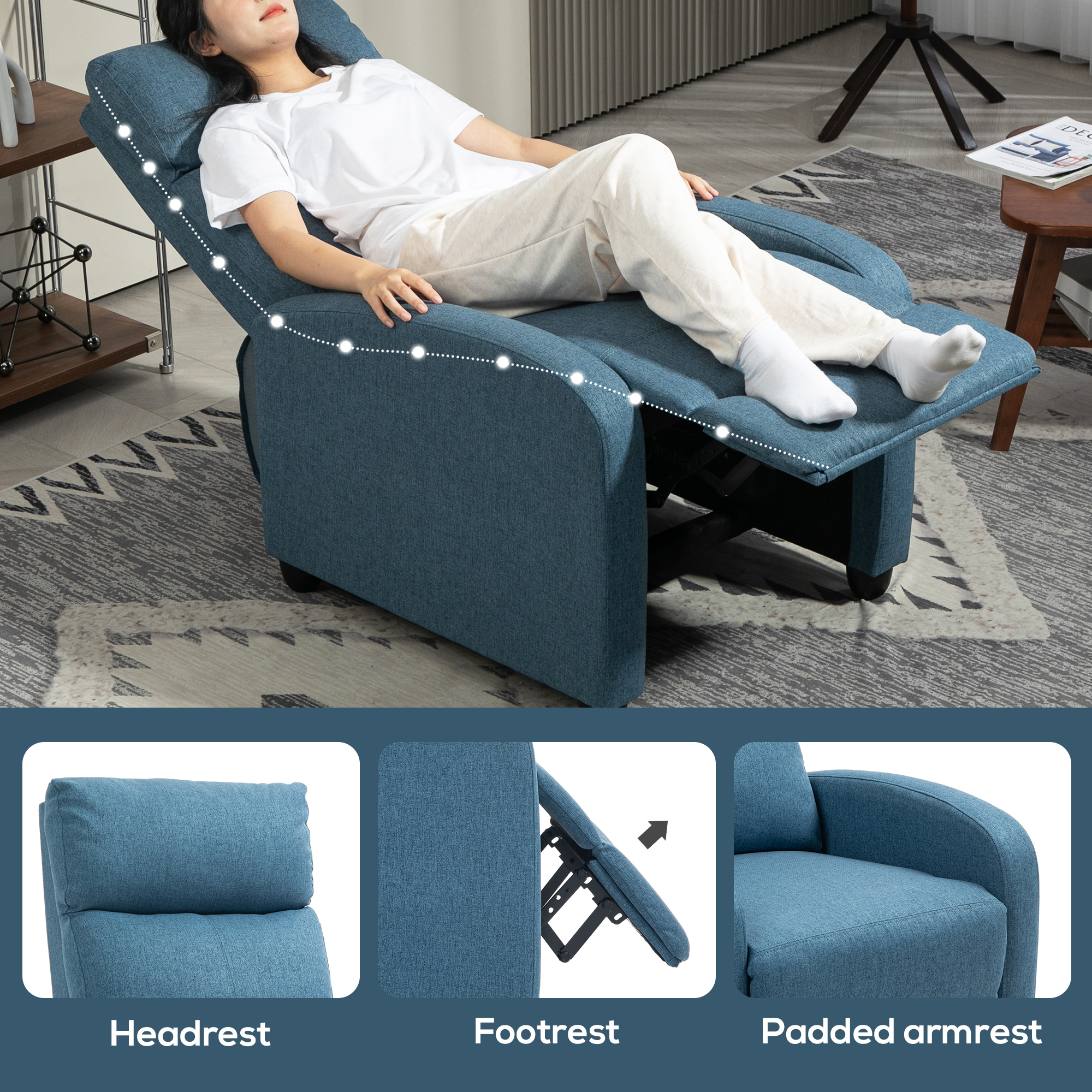 Fabric Recliner Chair Manual Home Theater Seating Single Reclining Sofa Chair with Padded Seat for Living Room, Blue - Image 4