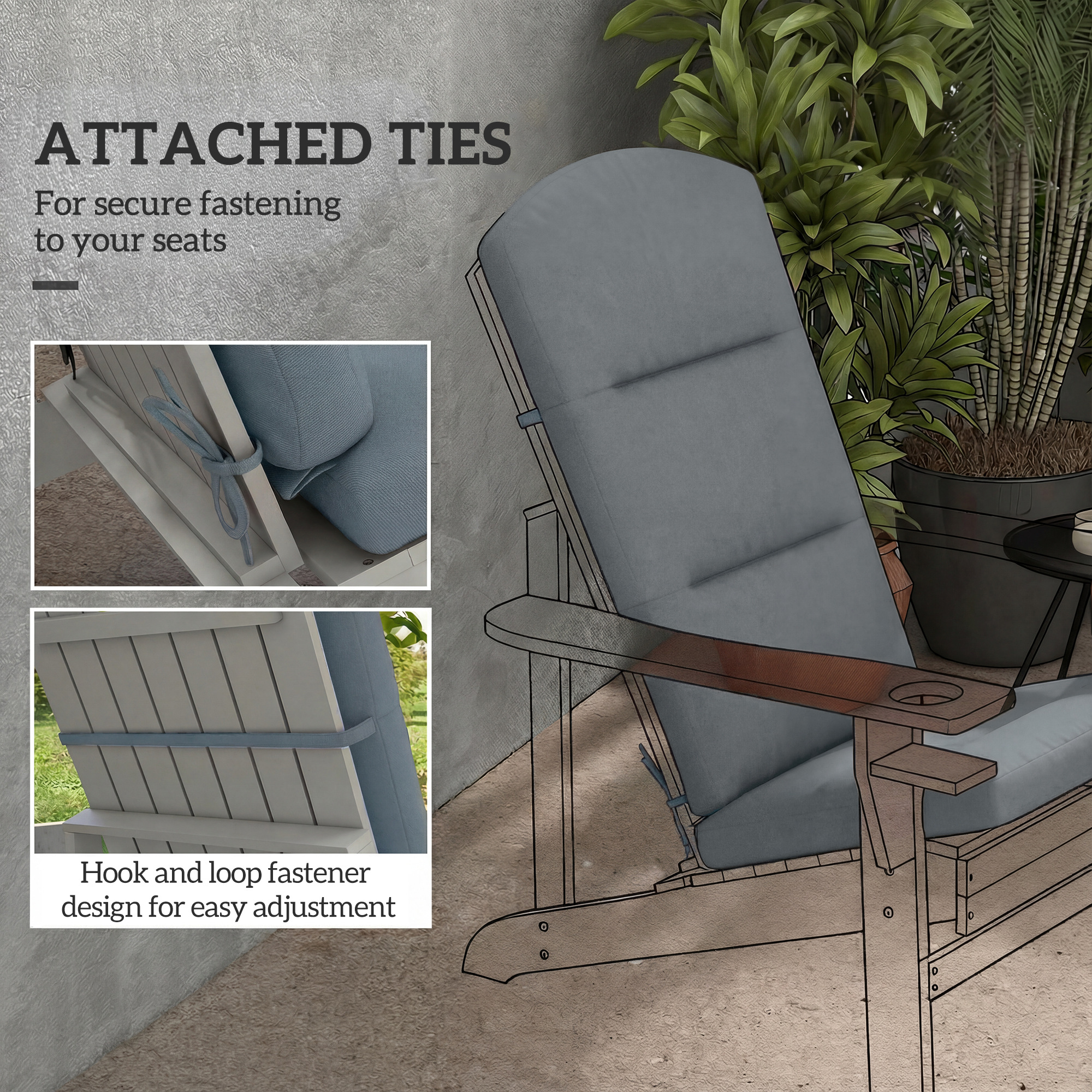 Patio Chair Cushion for Adirondack Chairs Replacement Cushion with Back and Ties, Dark Grey - Image 3