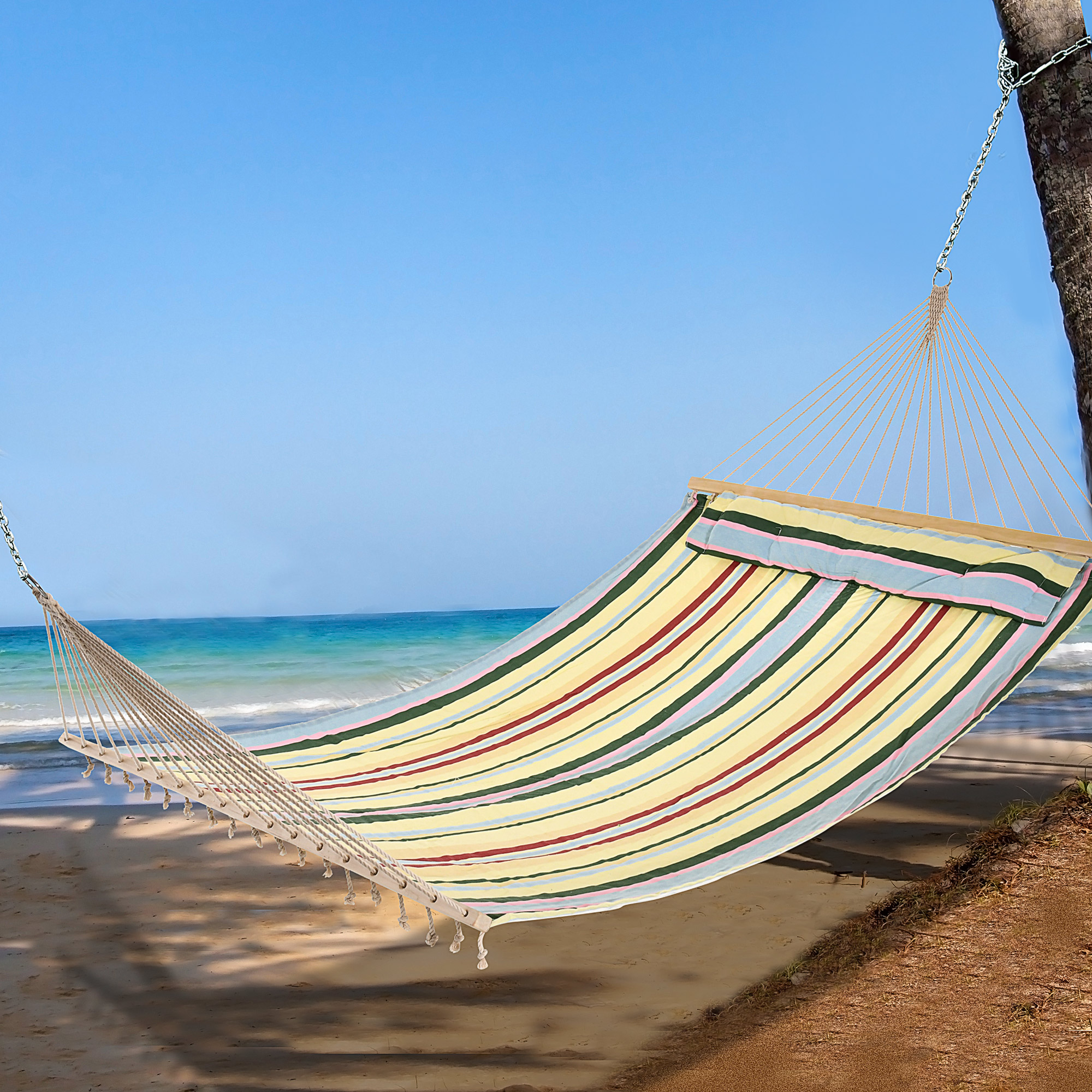 83" Patio Double Hammock, Wide Outdoor Hammock Bed Striped Fits 2 People Sunbed Camping hang Sleep w/ Pillow, Red Stripe - Image 5