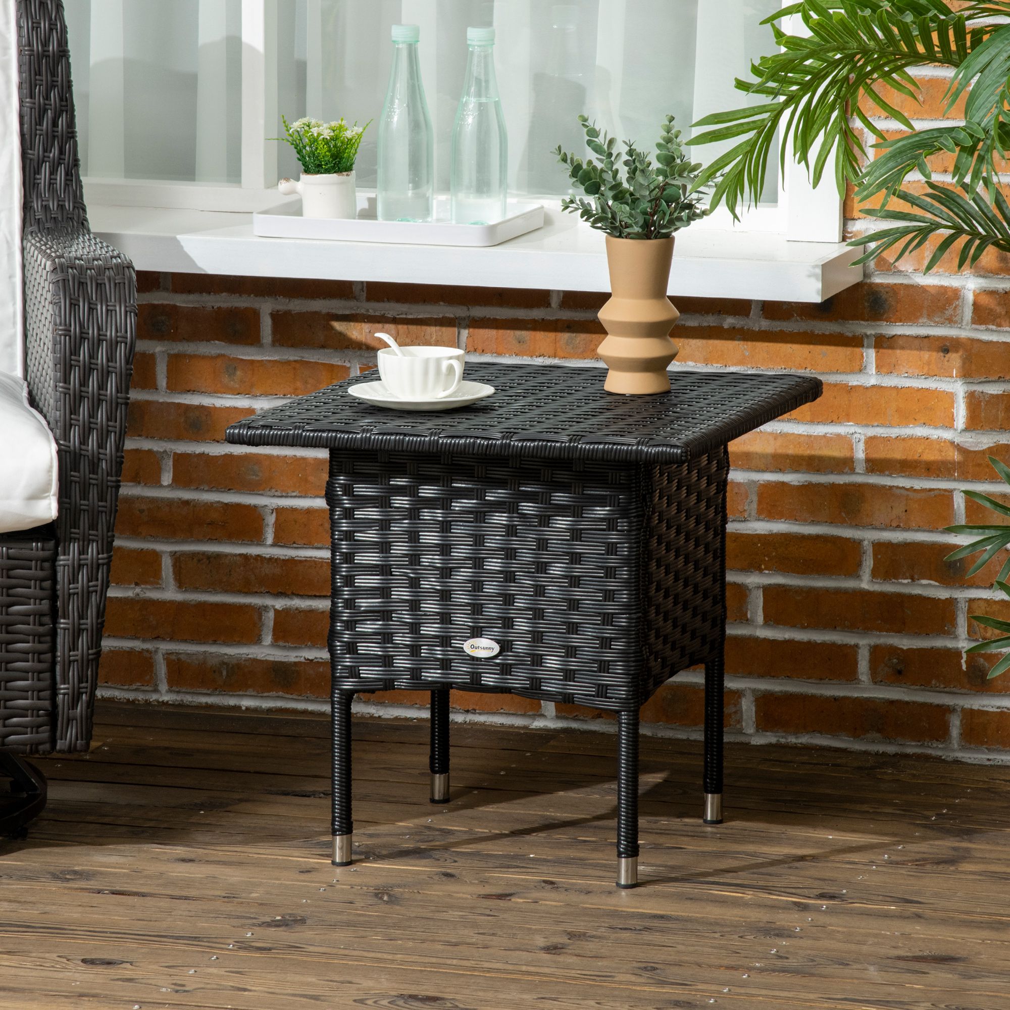 20" Patio Wicker Coffee Table, Outdoor Coffee Table with Plastic Board Underneath the Woven Tabletop for Patio, Garden, Balcony, Black - Image 6