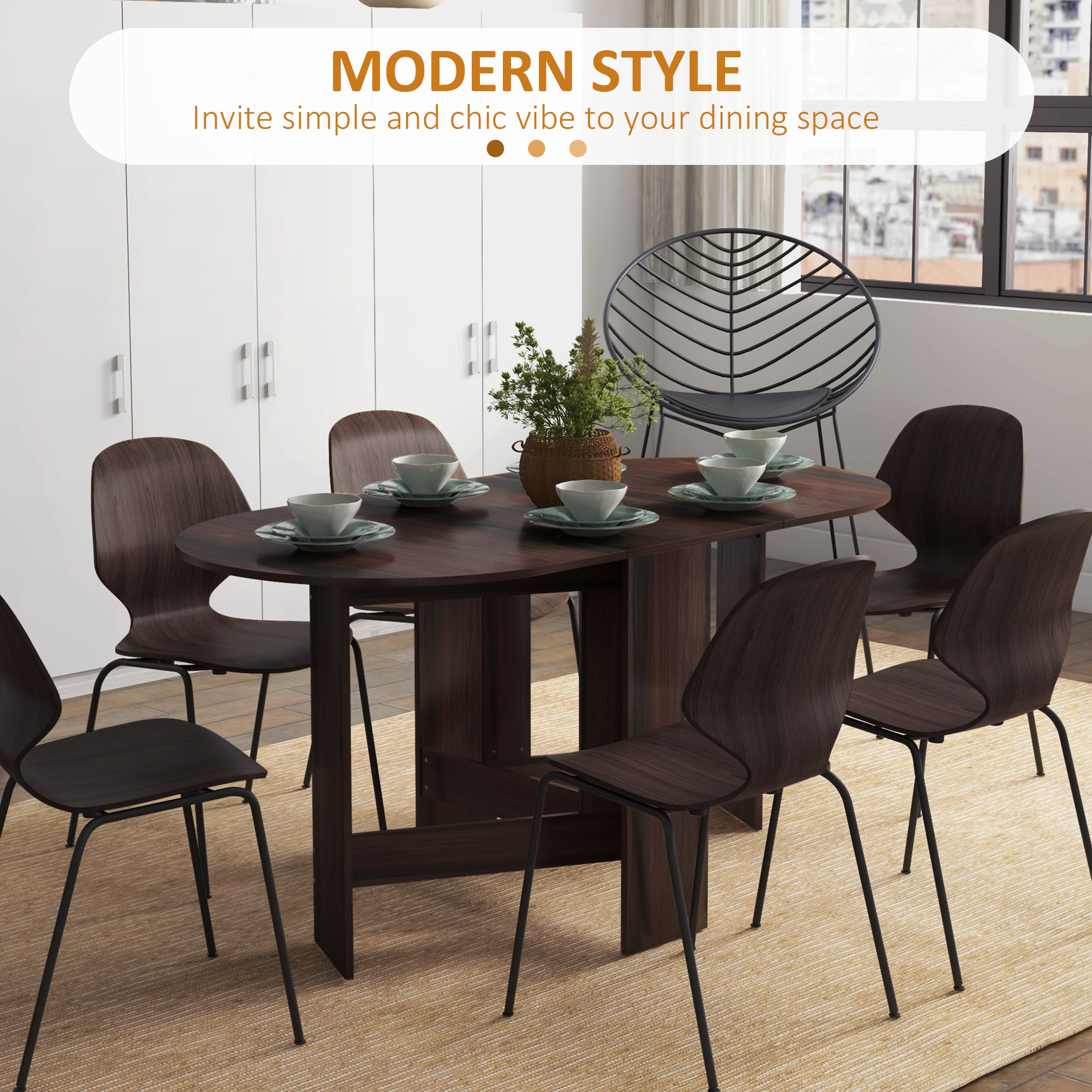Oval Folding Dining Table, Space Saving Drop Leaf Kitchen Table for Dining Room, Living Room, Distressed Brown - Image 3
