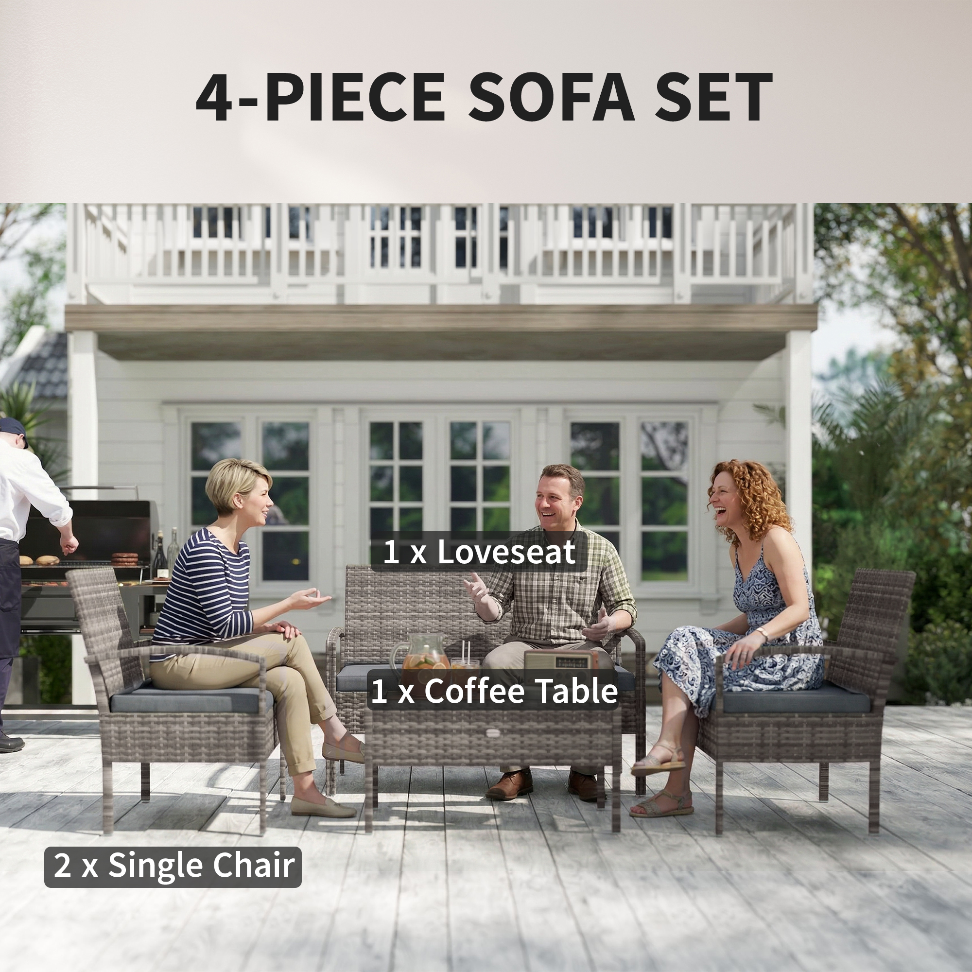 4 Pieces Patio Furniture Set with A Loveseat, Two Armchairs and A Coffee Table, Outdoor Conversation Set, Dark Grey - Image 2