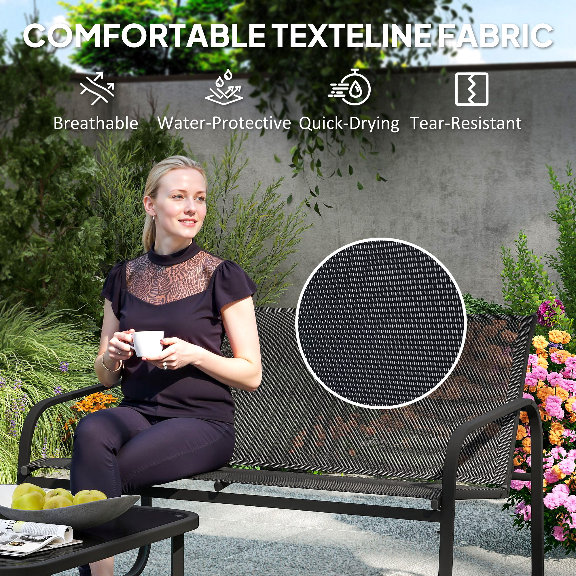 5-Piece Patio Furniture Set, Outdoor Conversation Set with 2 Loveseats, 2 Armchairs, Glass-Top Table, Black - Image 3