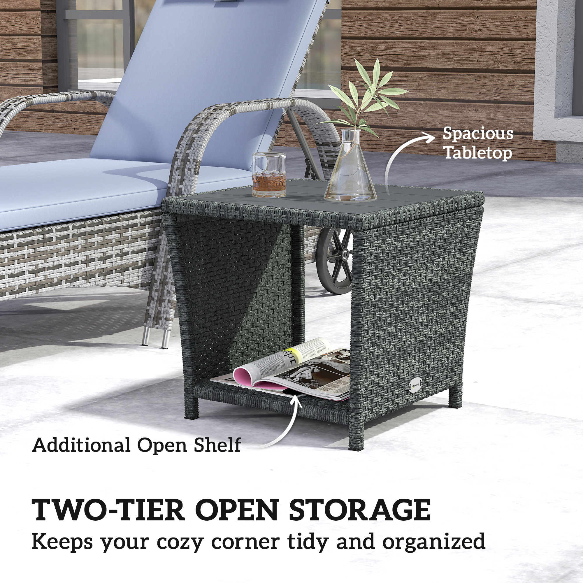 17.7" Wicker Side Table with Storage Shelf, Square PE Rattan Outdoor End Table with PS Wood Slat Top, Grey - Image 2
