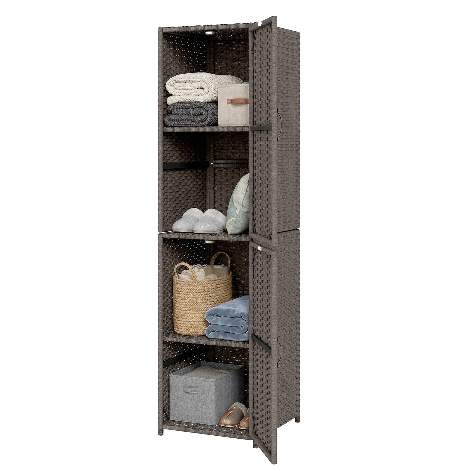 Wicker Outdoor Storage Cabinet, 4 Shelf Patio Storage Cabinet with Adjustable Shelves and Magnetic Doors, Brown