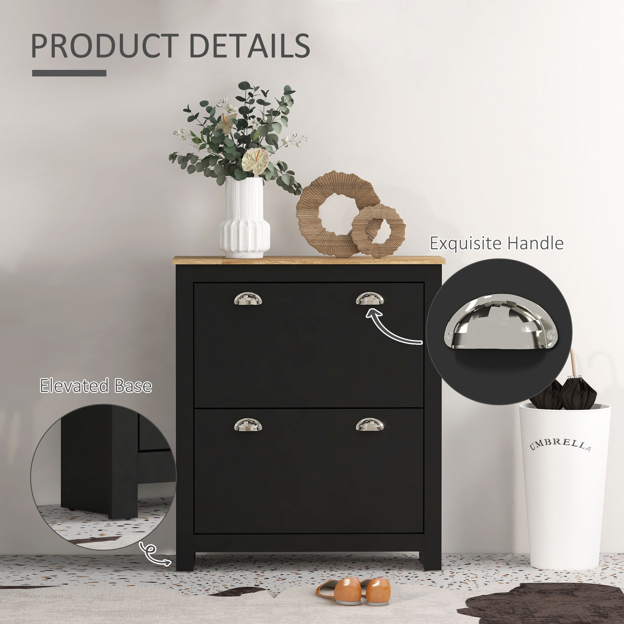 Small Shoe Cabinet with 2 Flip Drawers and Adjustable Shelves, 12 Pair Shoe Storage Organizer for Hallway, Black - Image 4