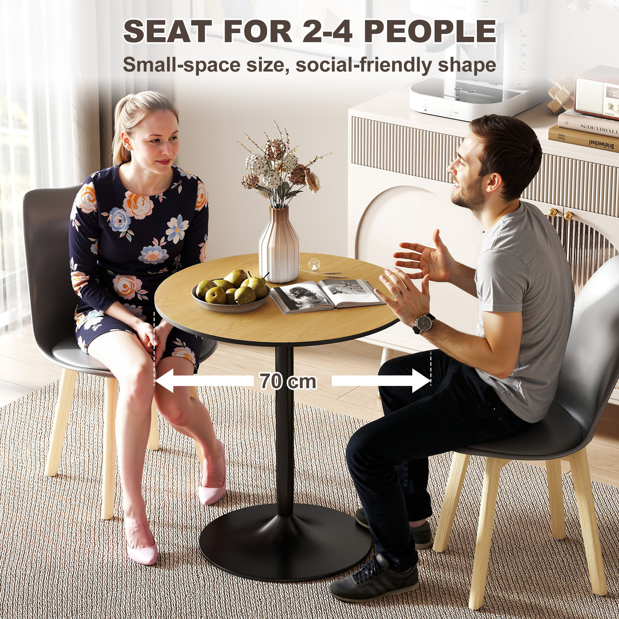 27.6" Round Kitchen Table for 2, Modern Small Dining Table with Wood Veneer, Steel Base for Dining Room, Natural - Image 3