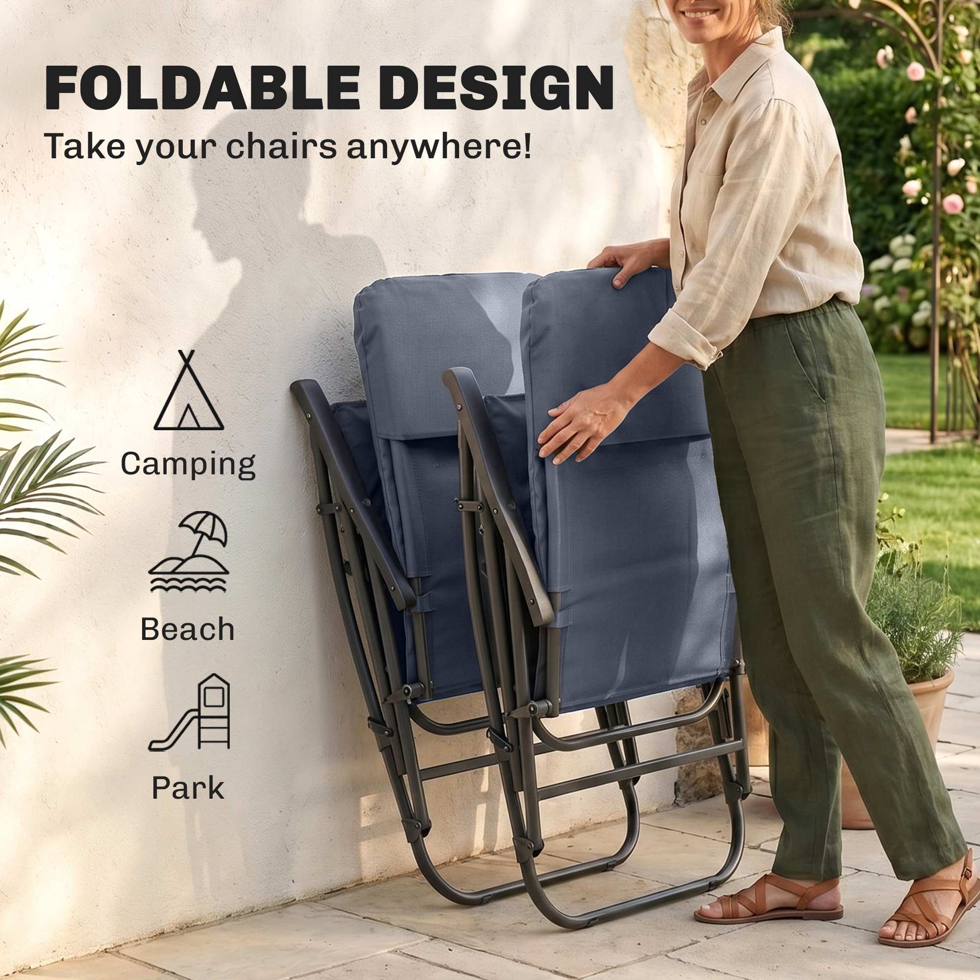 Folding Rocking Chair Set of 2 Padded Rockers with Armrest, Navy Blue - Image 3