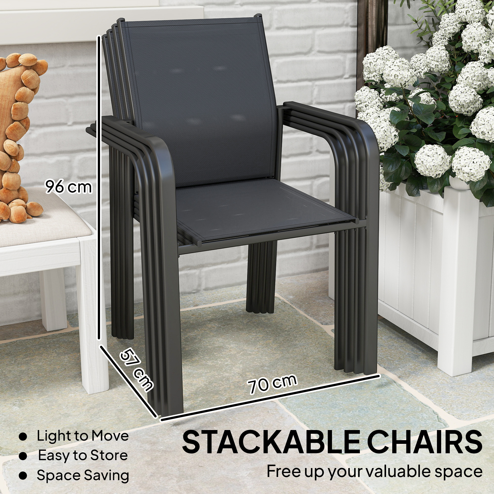 Stackable Patio Chairs Set of 4, Outdoor Dining Chairs with 20" Deep Seat, All Weather Breathable Mesh, Armrests, Black - Image 2