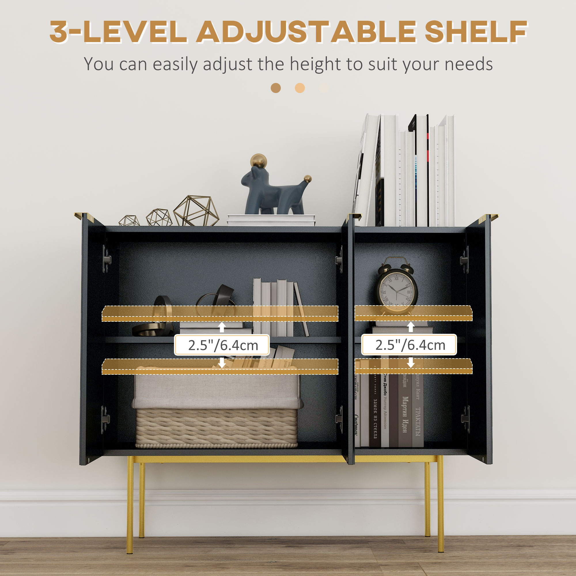 Modern Storage Cabinet Sideboard Buffet Cabinet with Gold Legs for Living Room Dining Room Hallway Black - Image 4