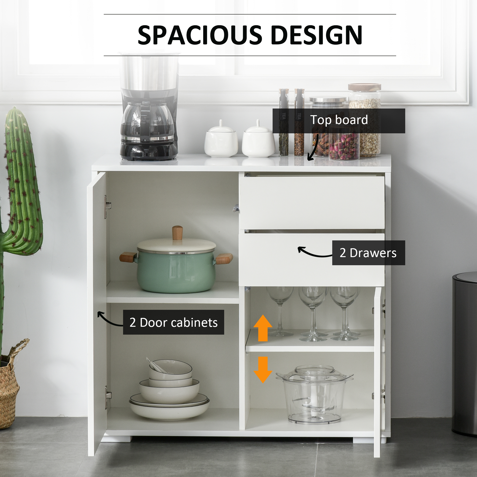 High Gloss Buffet Sideboard with 2 Drawers, 2 Doors and Adjustable Shelf, Kitchen Storage Cabinet with Push Open Design, White - Image 2