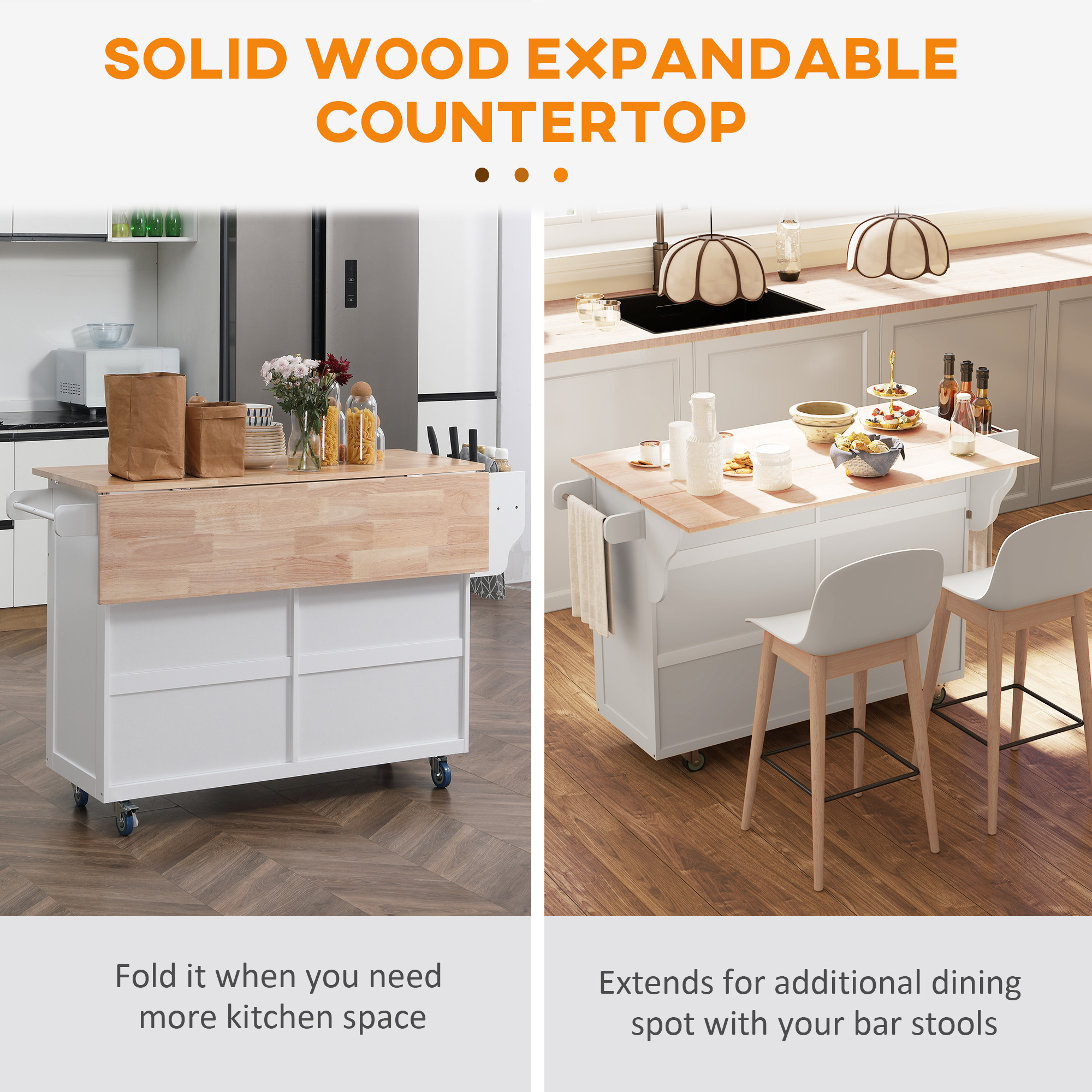 Kitchen Island with Storage, Rolling Kitchen Island with Drop Leaf, Rubber Wood Top and Adjustable Shelves, White - Image 3