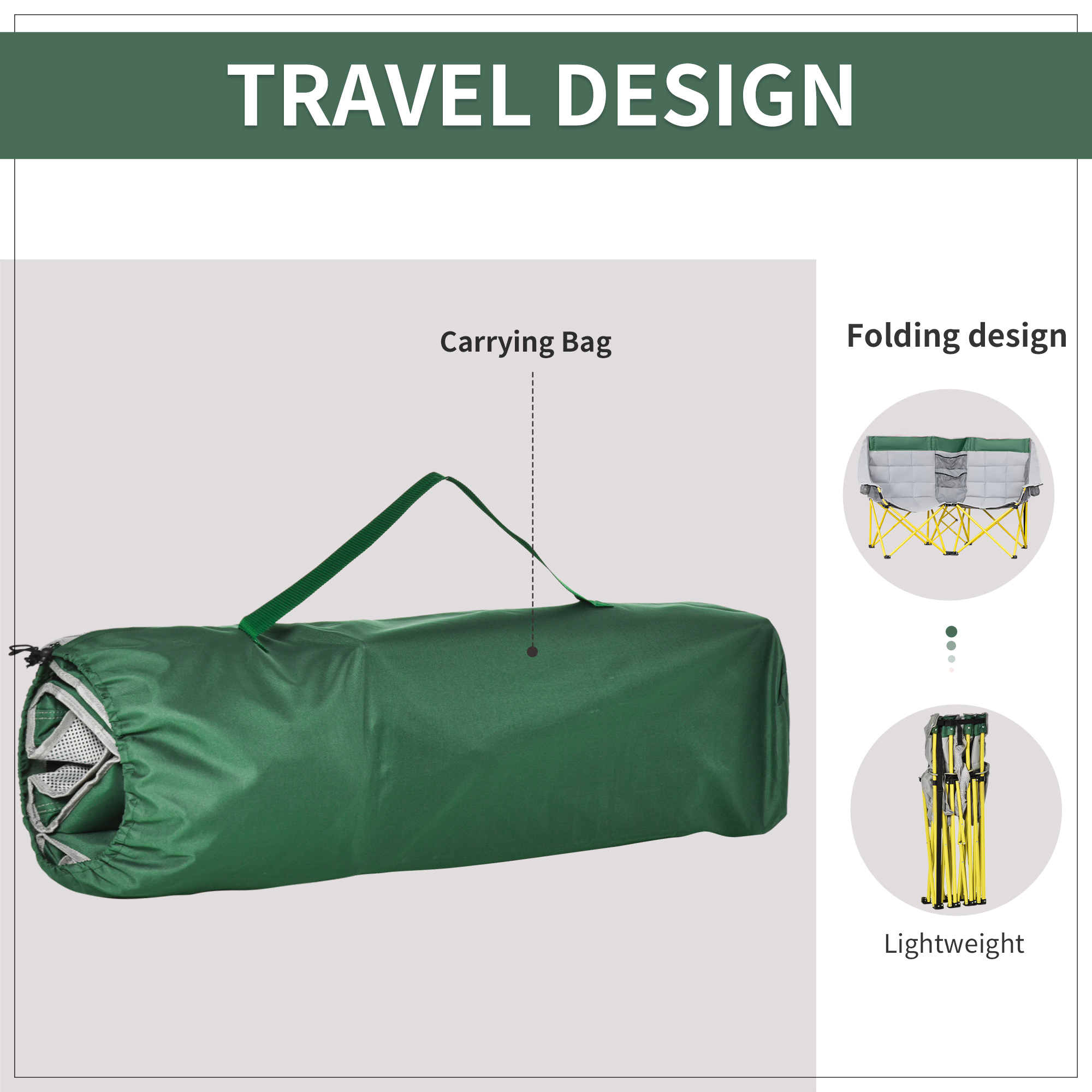 62" W Double Seat Camping Chair Folding Lawn Loveseat w/ Storage Pocket & Cup Holder Compact in a Bag for Outdoor, Beach, Picnic, Hiking, Travel, Green - Image 3