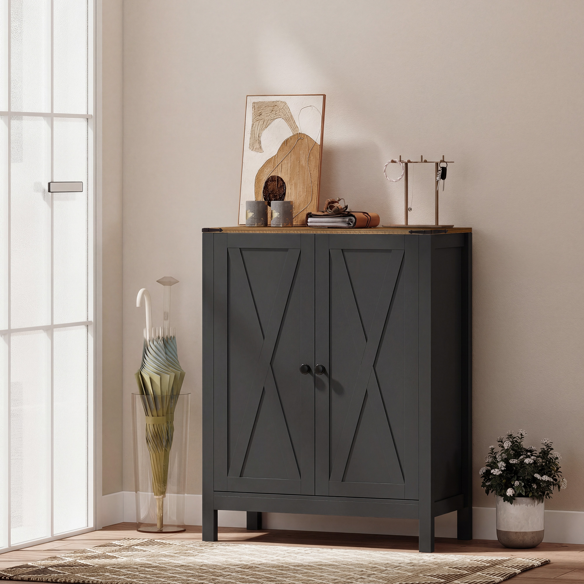 Shoe Cabinet with Barn Doors, Farmhouse Shoe Storage Cabinet with Adjustable Shelves, Holds up to 15 Pairs, Black - Image 6