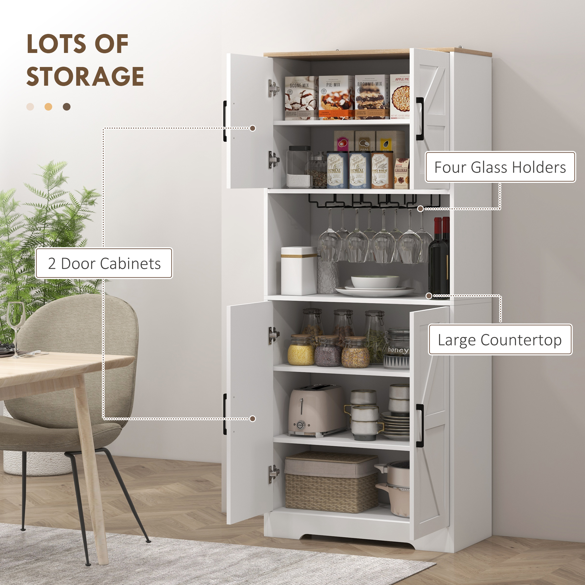 Farmhouse Kitchen Pantry, 68" Freestanding Hutch Storage Cabinet with Microwave Oven Countertop, White - Image 2