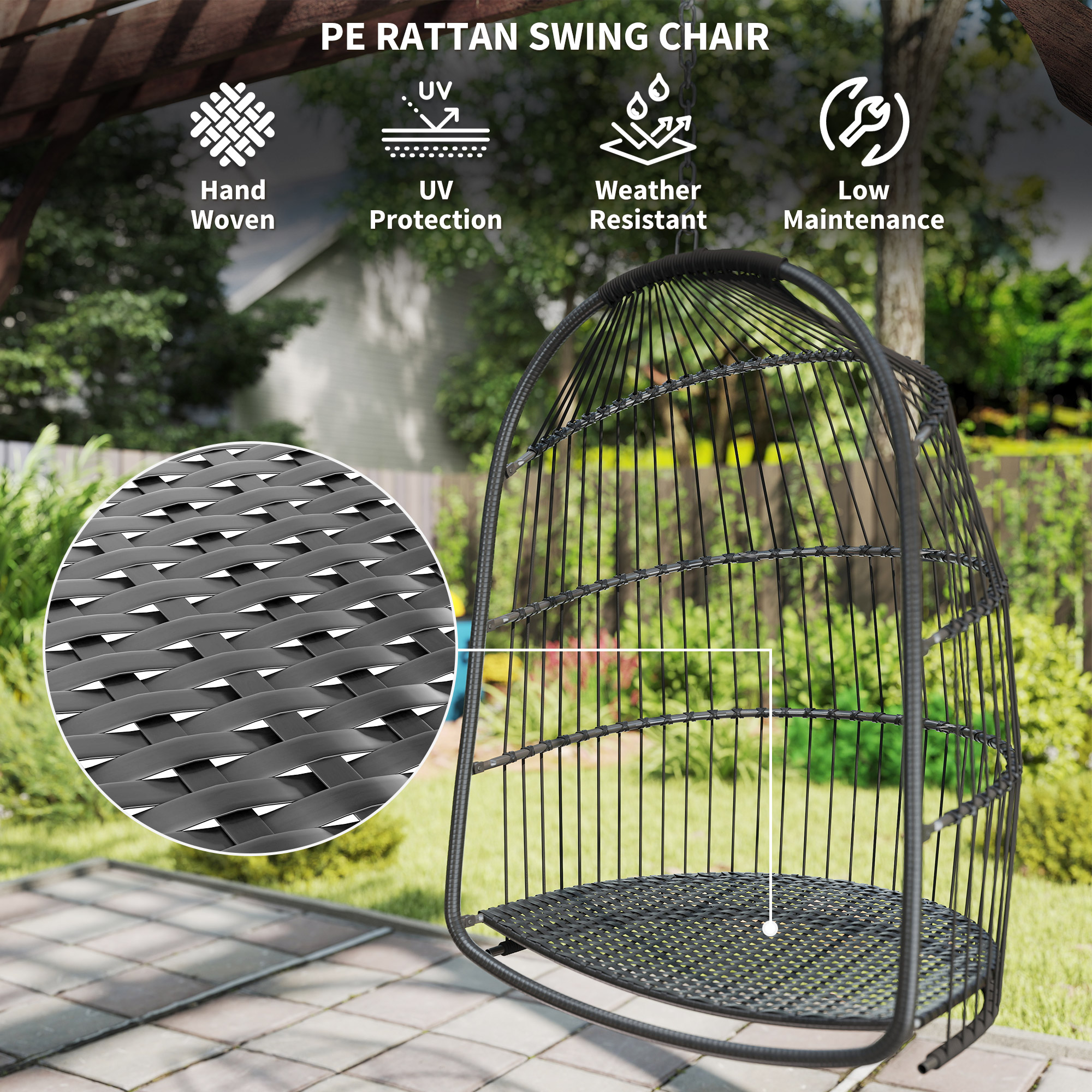 Hanging Egg Chair, Foldable Rattan Garden Swing Chair with Installation Kit, Thickened Cushion and Headrest, Dark Grey - Image 3