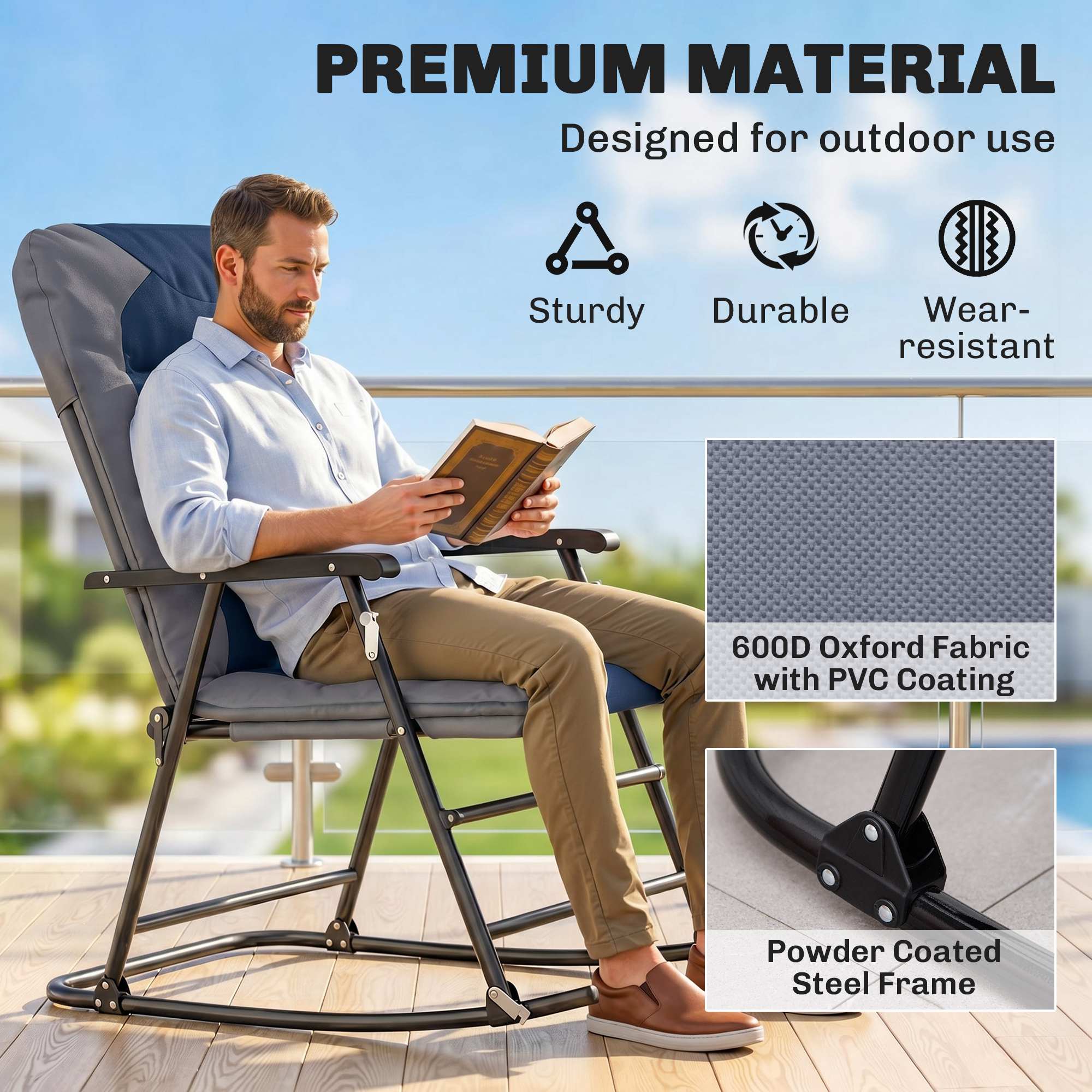 Folding Rocking Chair Set of 2 Padded Rockers with Armrest, Navy Blue - Image 5
