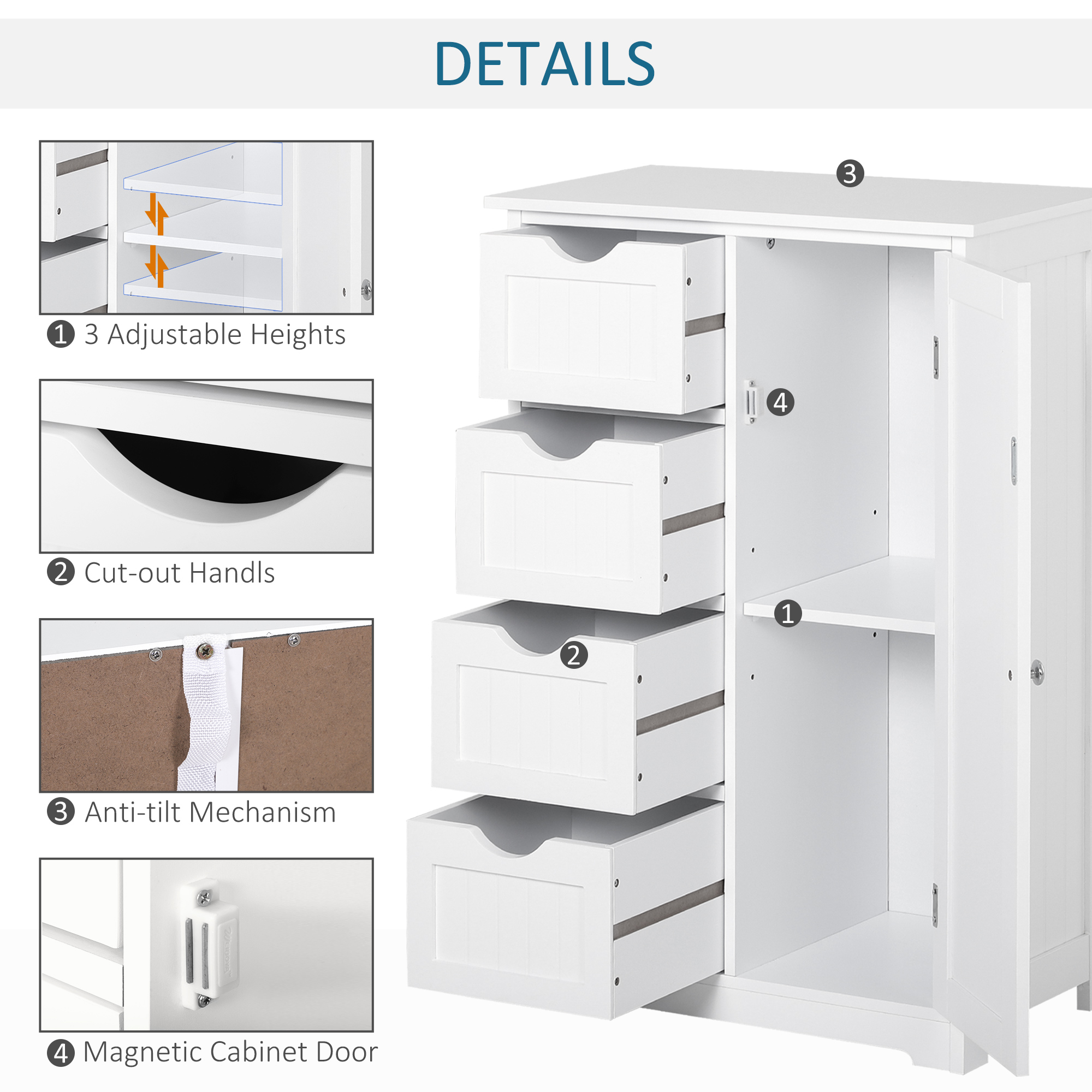 Bathroom Storage Cabinet, Floor Cabinet with Adjustable Shelf and 4 Drawers, Side Cabinet for Washroom, White - Image 4