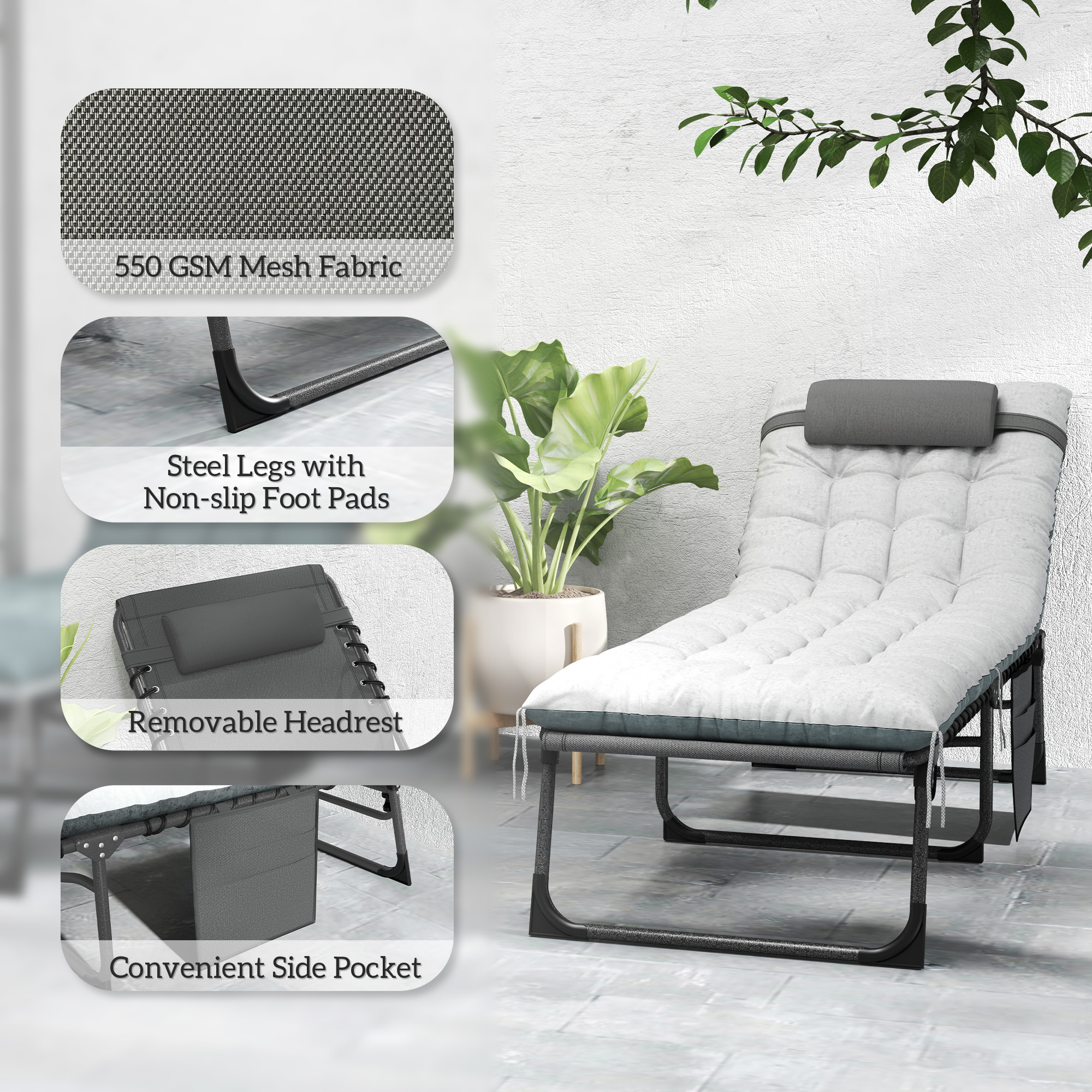 Outdoor Lounge Chair Set of 2, Folding Chaise Lounge Tanning Chair with Cushion, Side Pocket, Grey - Image 5