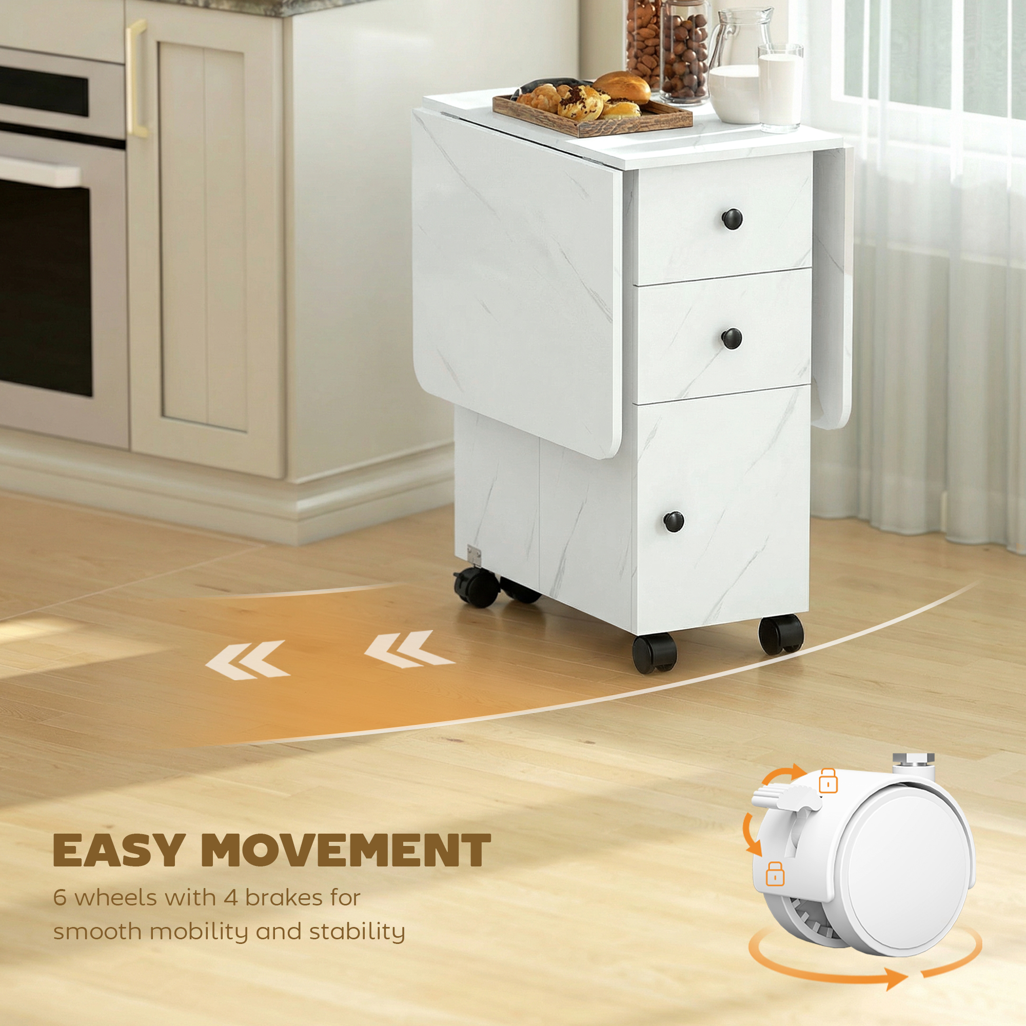 Drop Leaf Dining Table, Mobile Folding Table on Wheels with Drawers and Cabinet for Dining Room, Kitchen, Marble White - Image 4