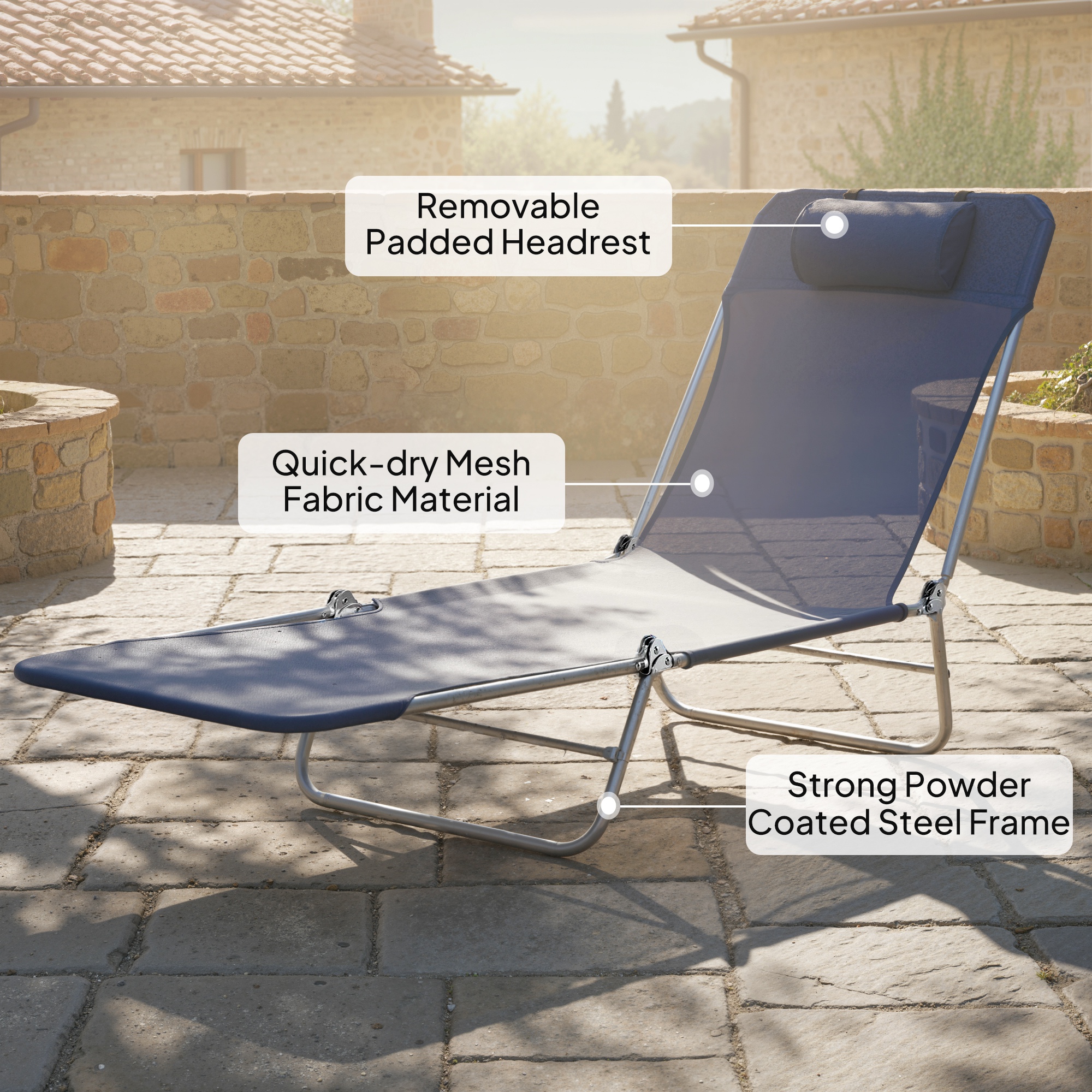 Outdoor Lounge Chair, Portable Adjustable Reclining Seat Folding Chaise Lounge Patio Camping Beach Tanning Chair Bed with Pillow, Dark Blue - Image 3