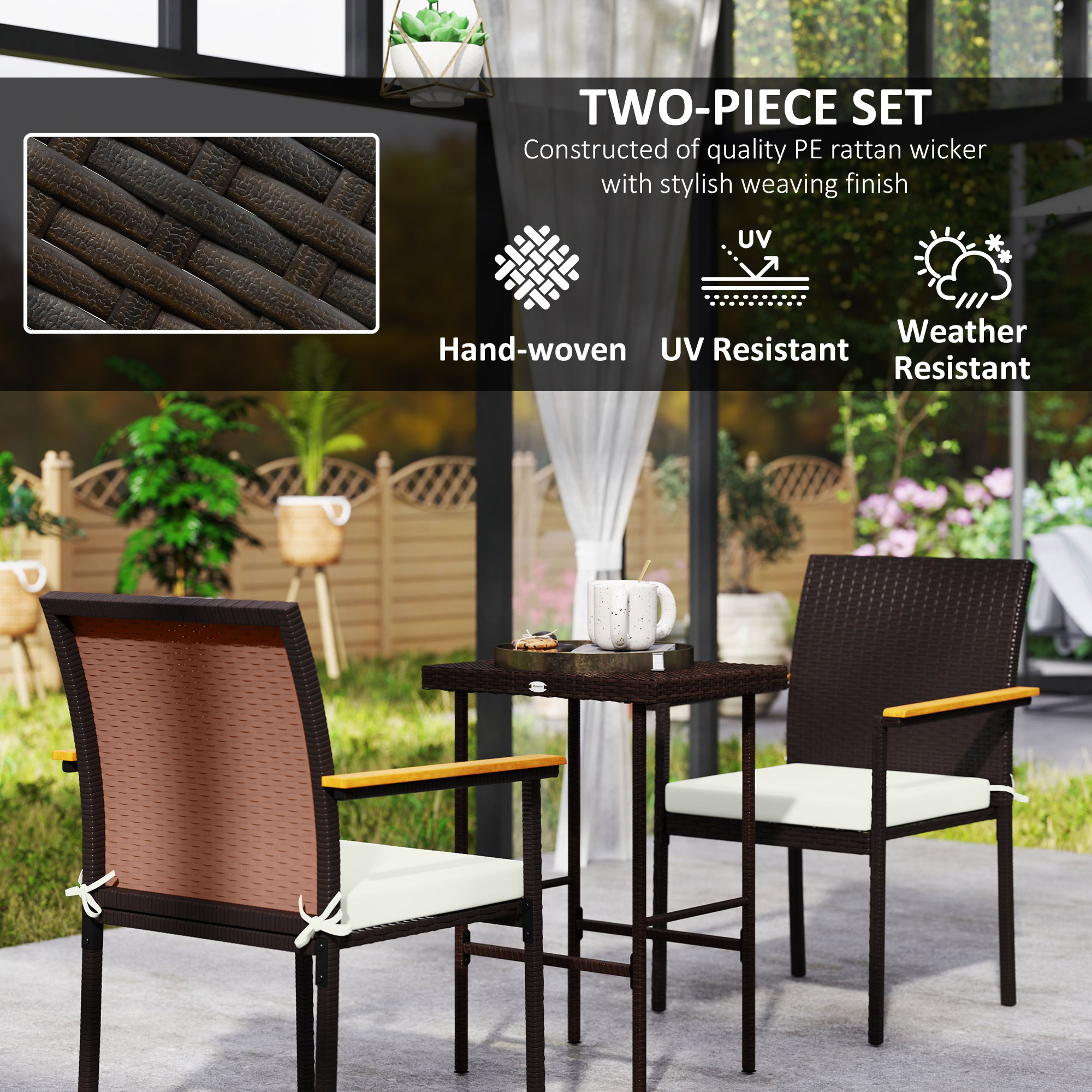 Stackable Wicker Patio Chairs Set of 2 with Removable Cushion, Armrest for Garden, Porch, Yard, Cream White - Image 4