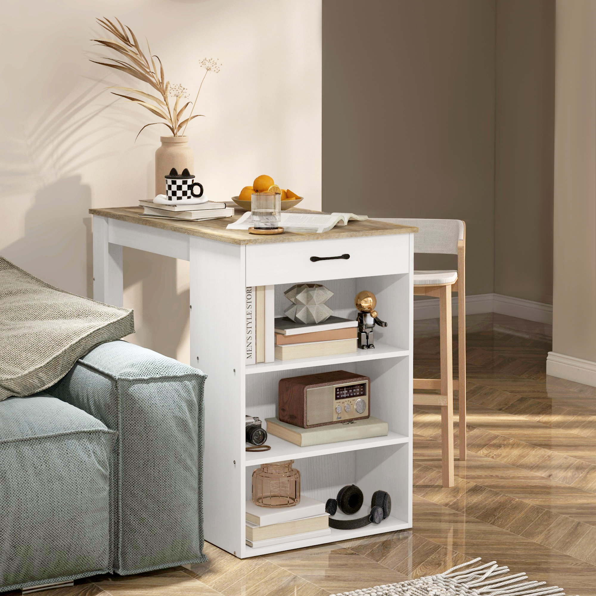 Bar Table with Drawer and 3 Storage Shelves, Bar Height Table, High Top Pub Table for Home Bar, Kitchen, Grey - Image 5