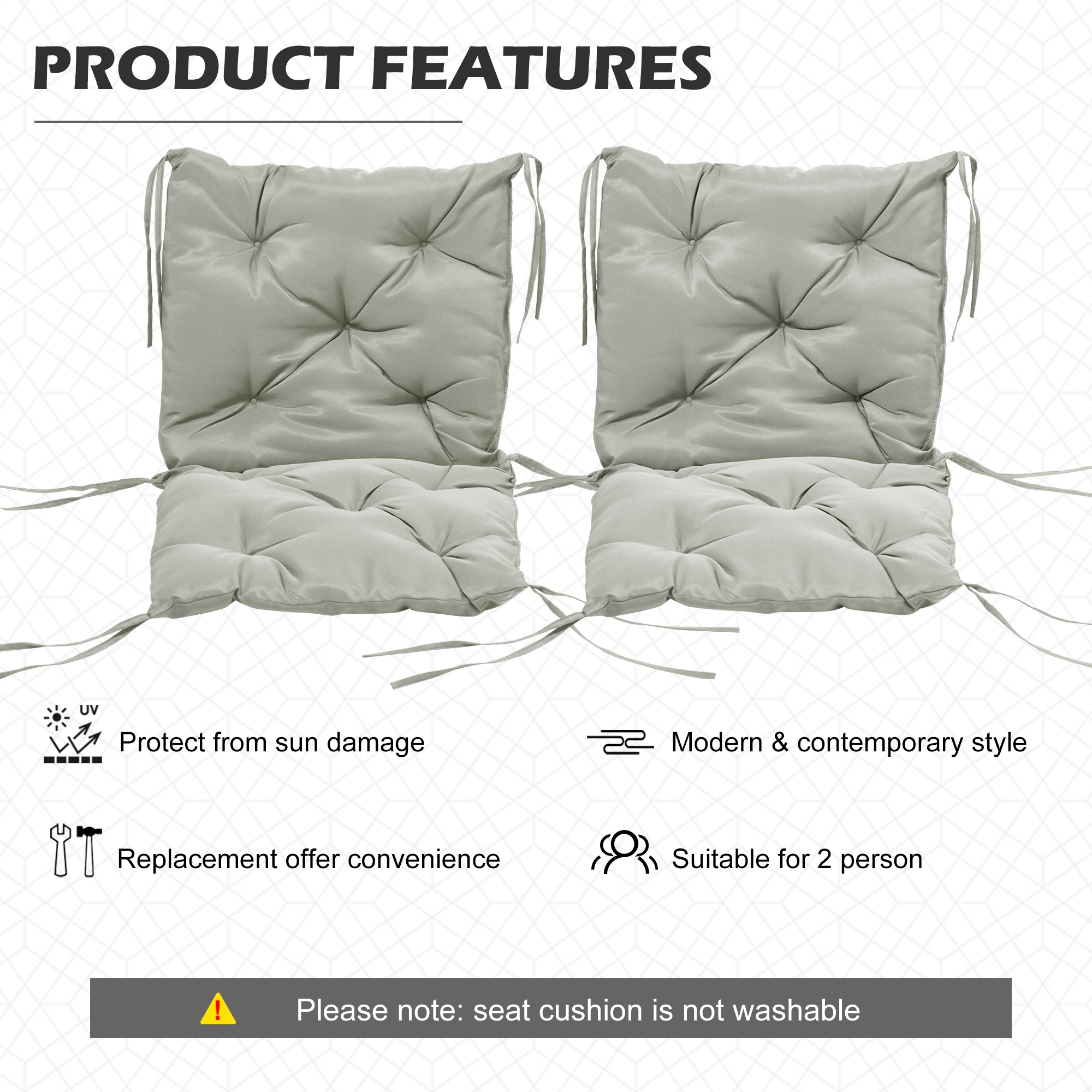 Set of 2 Garden Chair Cushions Seat Pad with Backrest for Sunbeds, Rocking Chairs, Loungers, Outdoor & Indoor Use - Image 3