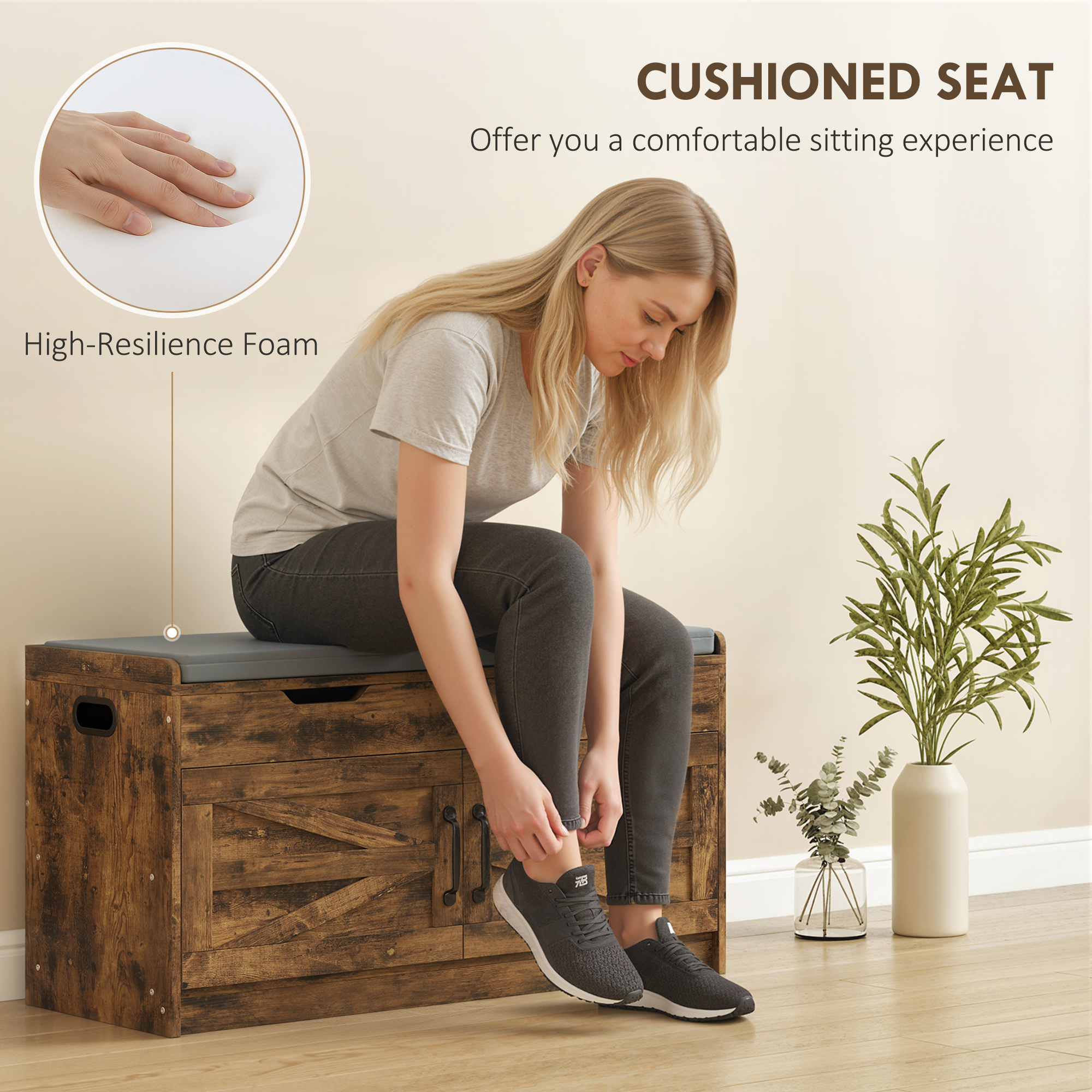 Shoe Storage Bench, Entryway Bench with 2-Tier Cabinet, Flip-Top Storage, Padded Cushion for Hallway, Rustic Brown - Image 5