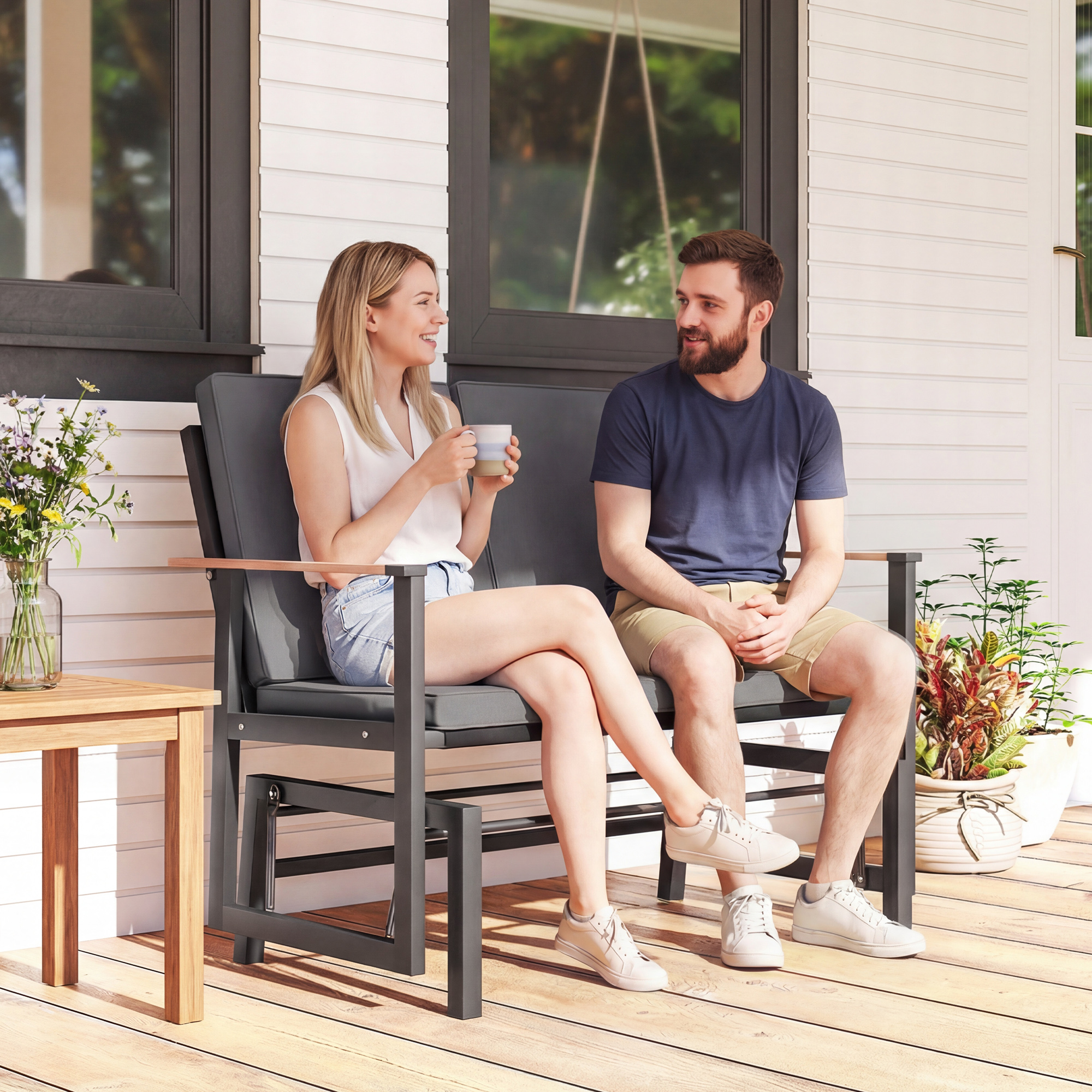 Outdoor Glider Bench for 2 Person, Patio Glider Loveseat with Thick Cushions for Garden Balcony Porch, Dark Grey - Image 6