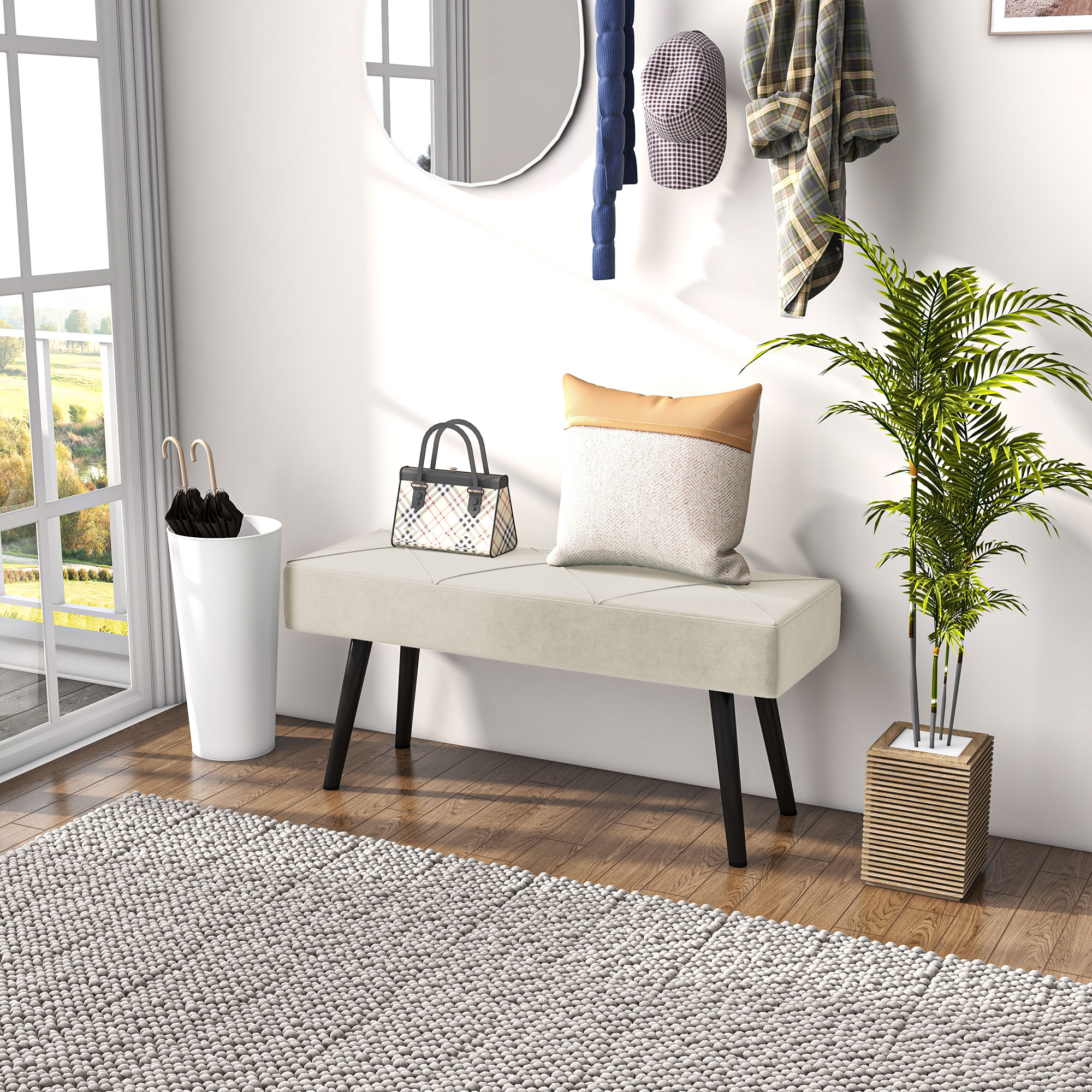 39 Inches Upholstered Bedroom Bench, Modern End of Bed Bench with Steel Legs, Cream White - Image 6