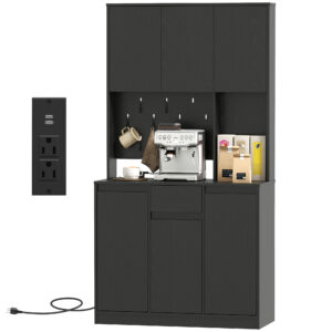 71" Pantry Cabinet with Charging Station, Kitchen Storage Cabinet with Microwave Stand, Pegboard, 6 S-hooks, Black