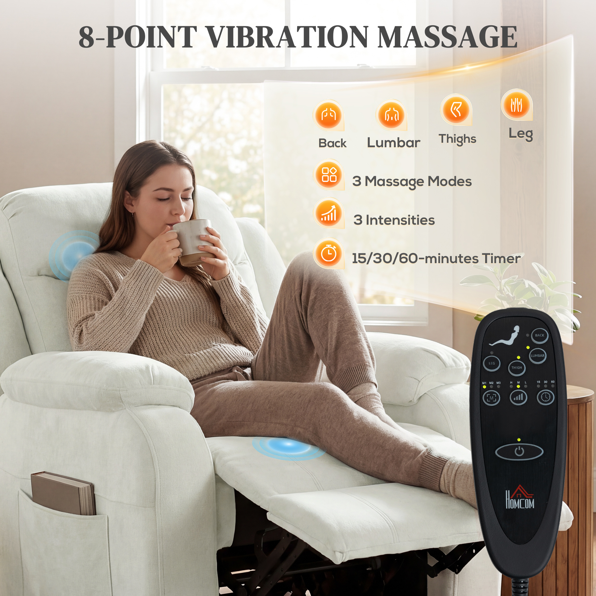 Massage Recliner Chair, Power Recliner with Quiet Brushless Motor, Remote, Pockets, 2 Memory Positions, Beige - Image 3