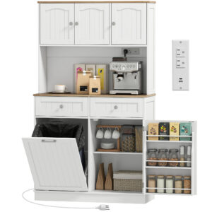 68" Pantry Cabinet with Charging Station, Storage Cabinet with Microwave Stand, 10 Gallon Trash Can Cabinet, White