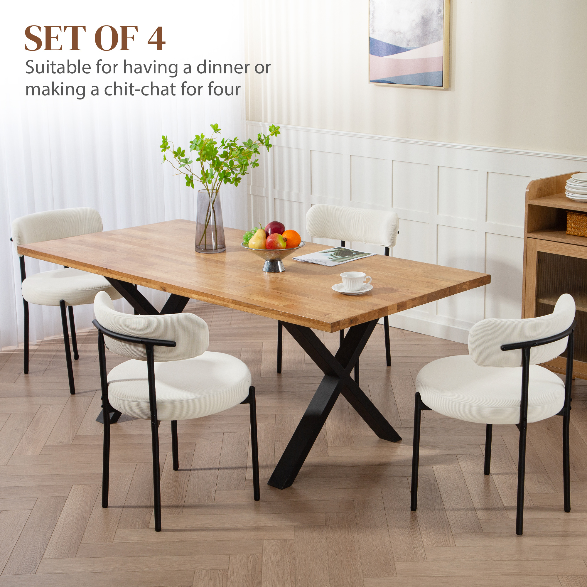 4 Pieces Kitchen Chairs, Modern Dining Chairs with Corduroy Upholstery and Steel Legs for Living Room, Beige - Image 2