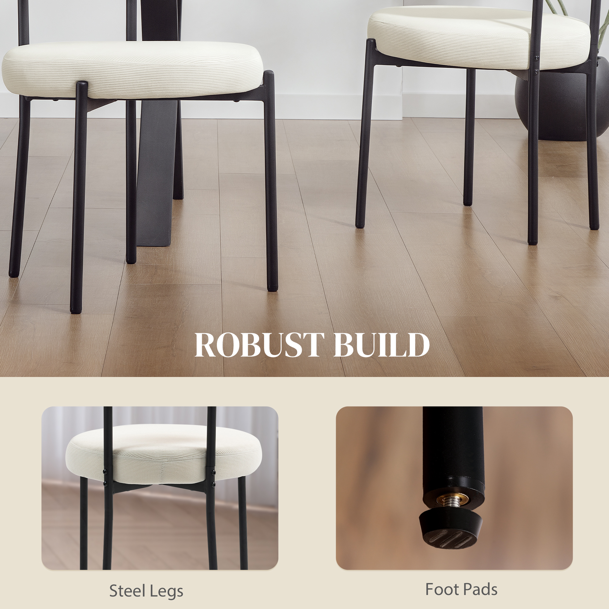4 Pieces Kitchen Chairs, Modern Dining Chairs with Corduroy Upholstery and Steel Legs for Living Room, Beige - Image 4