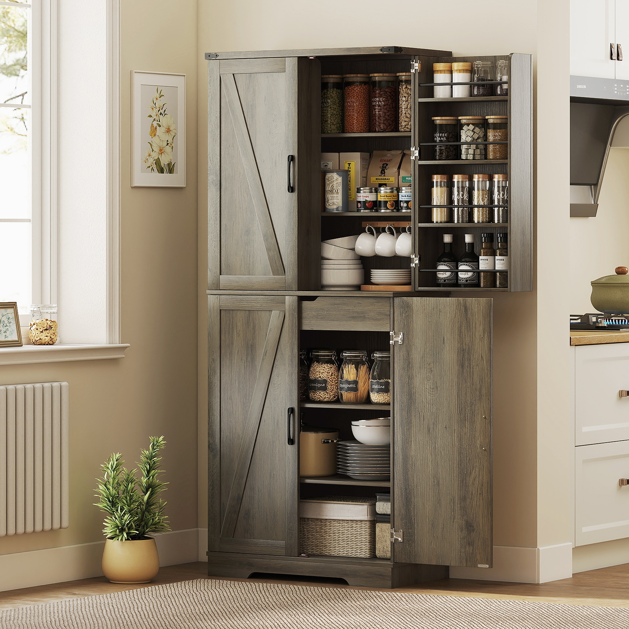 72" Kitchen Pantry Cabinet, Farmhouse Storage Cabinet with 4 Doors, Drawer, 8 Door Shelves and Adjustable Shelf, Grey - Image 6