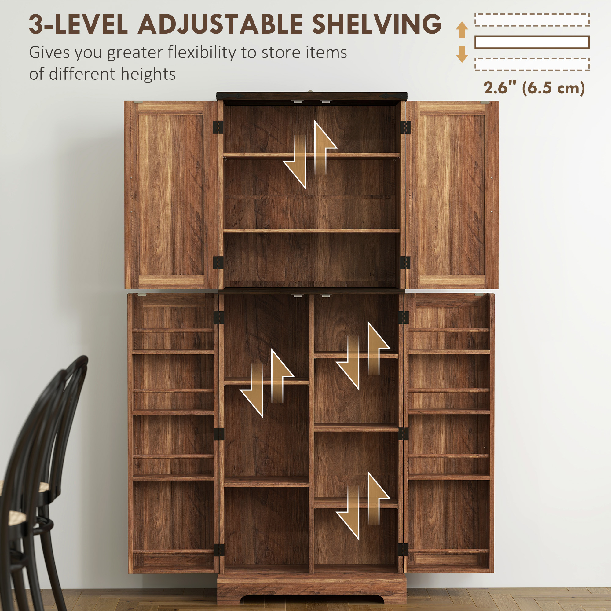 64" Tall Kitchen Pantry Cabinet with Spice Racks and Adjustable Shelves, Brown Wood Grain - Image 3