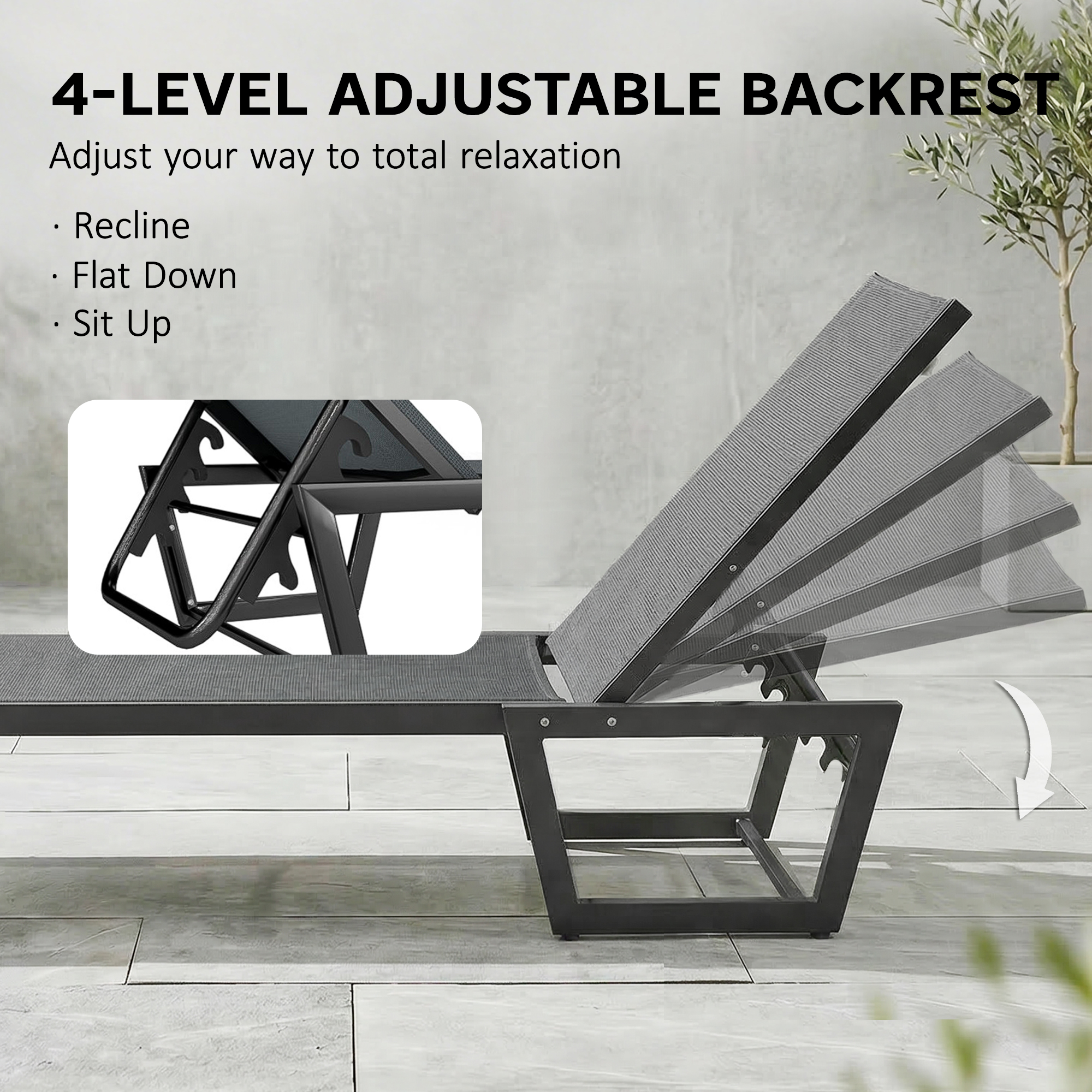 Lounge Chair Outdoor, 63 cm Wide Chaise Lounge Tanning Chair, 4-Position Outdoor Tanning Lounger, Dark Grey - Image 3