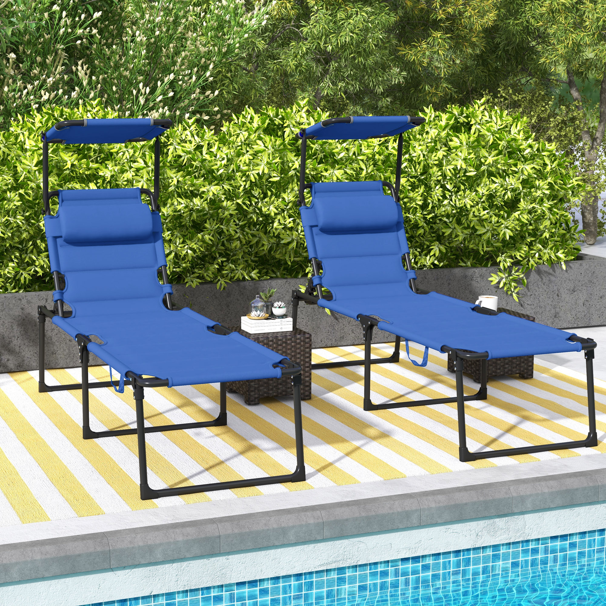 Folding Chaise Lounge with Adjustable Sunroof, Outdoor Quick Dry Padded Tanning Chairs with Headrest, Reclining Back Outdoor Lounge Chair, for Beach, Yard, Patio, Blue - Image 6