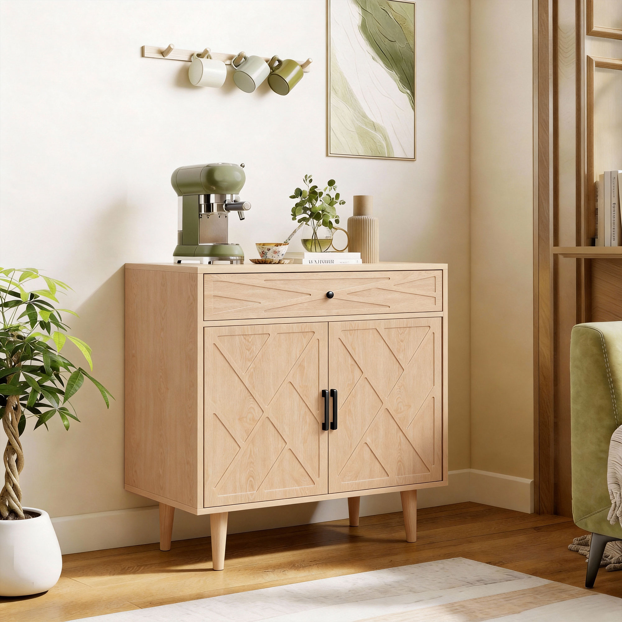 30" Sideboard with Patterned Doors, Buffet Cabinet with Drawer and Cabinet for Dining Room, Oak - Image 6