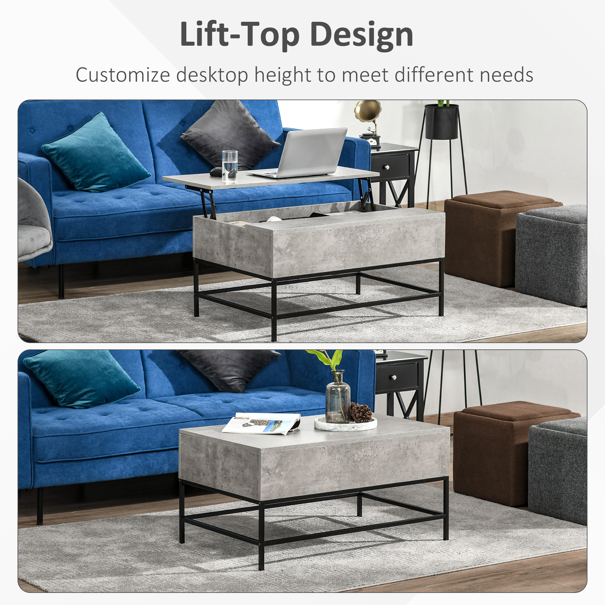 Lift Top Coffee Table with Hidden Storage Compartment Lift Tabletop Center Table for Living Room, Grey - Image 3