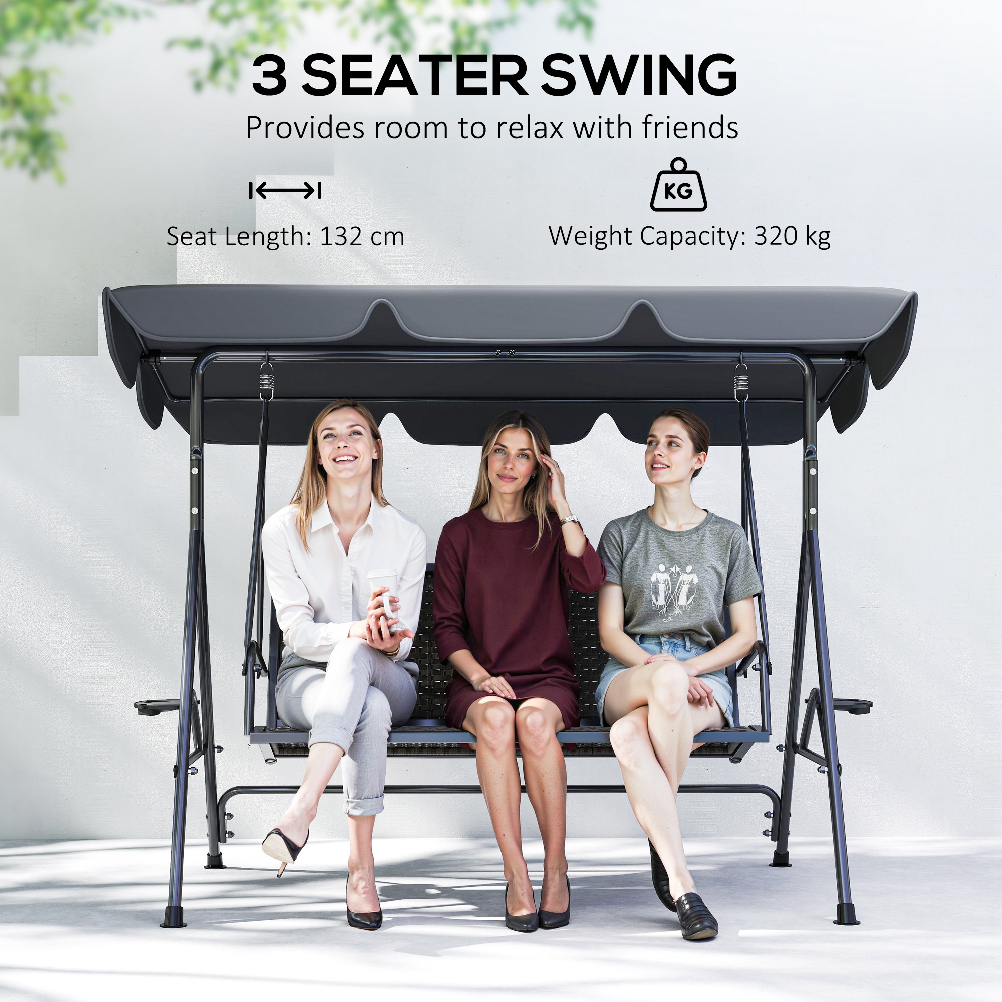 3-Seat Patio Swing Chair, Outdoor Canopy Swing Glider with Adjustable Shade, Grey - Image 2